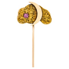 Art Nouveau Ruby 14 Karat Two-Tone Gold Crescent Moon Night Sky Stickpin