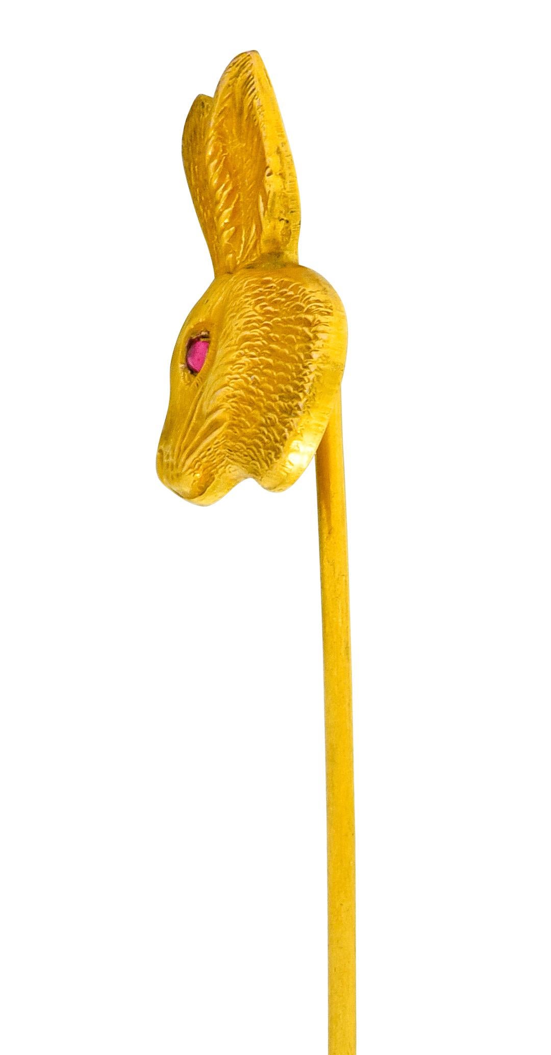 Art Nouveau Ruby 14 Karat Yellow Gold Rabbit Stickpin In Excellent Condition In Philadelphia, PA