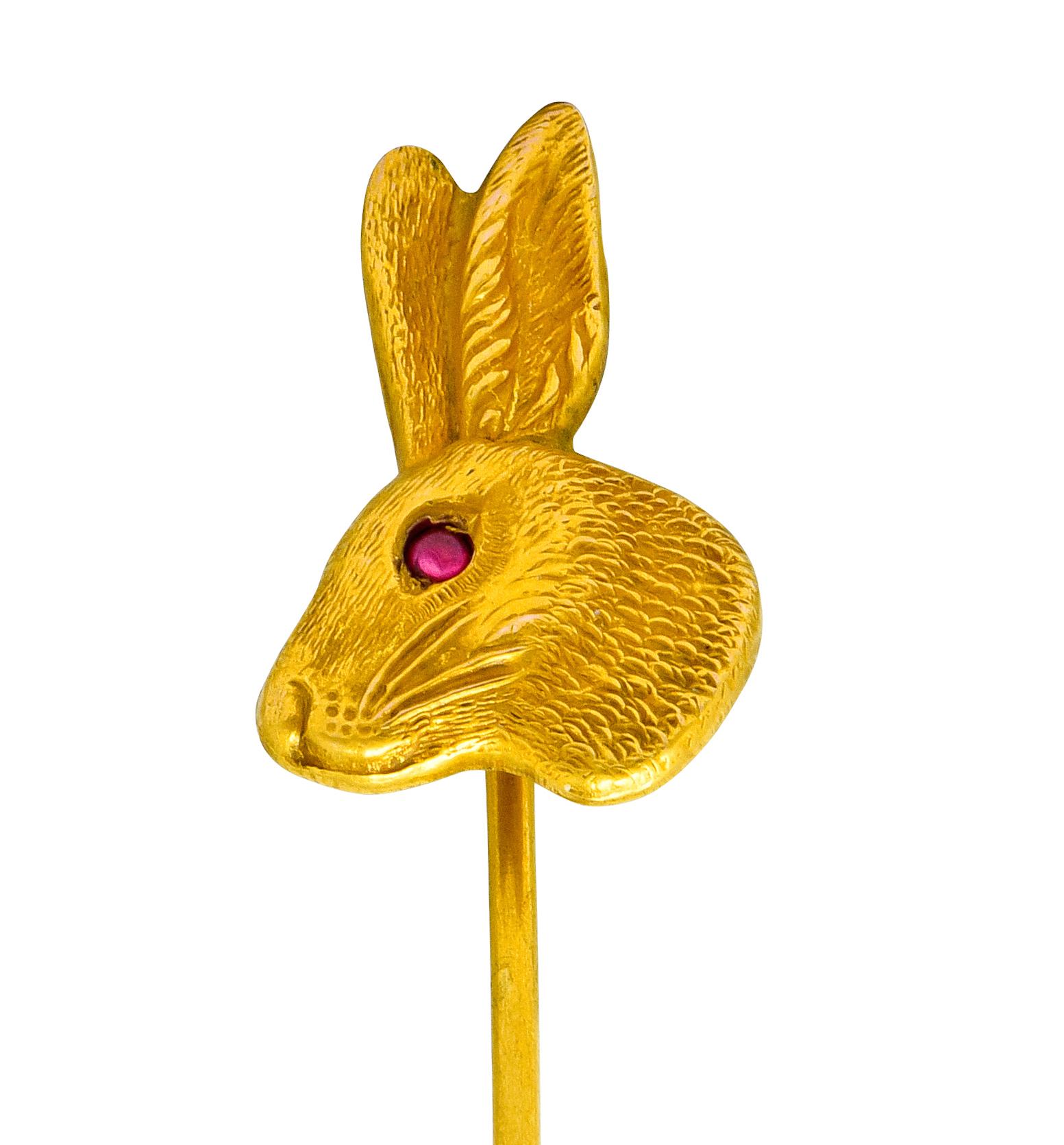 Women's or Men's Art Nouveau Ruby 14 Karat Yellow Gold Rabbit Stickpin