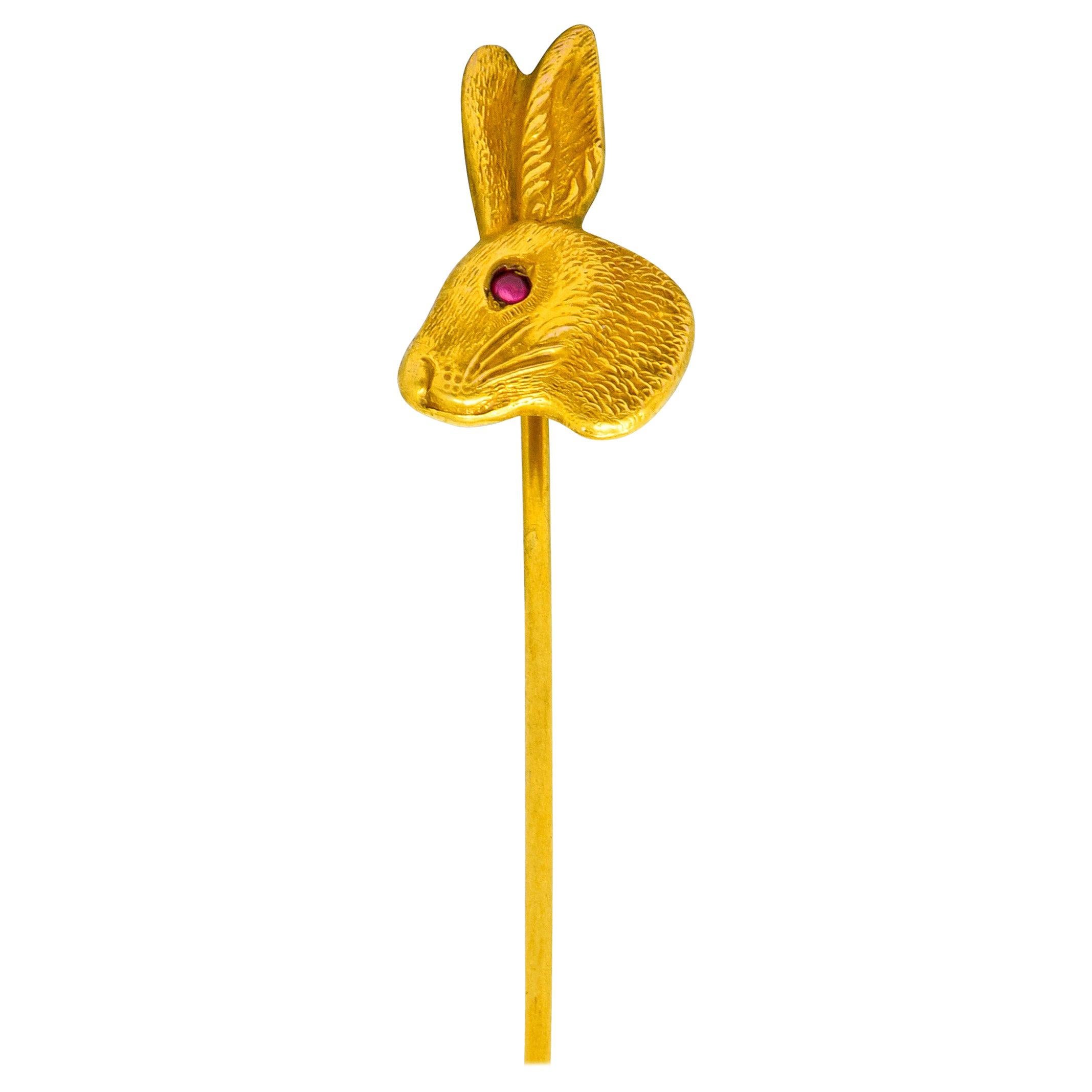 Art Nouveau Ruby 14 Karat Yellow Gold Rabbit Stickpin