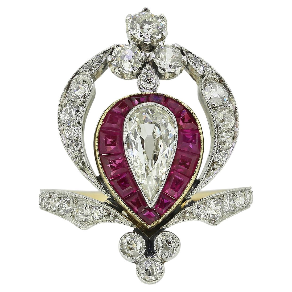 Art Nouveau Ruby and Diamond Dress Ring For Sale