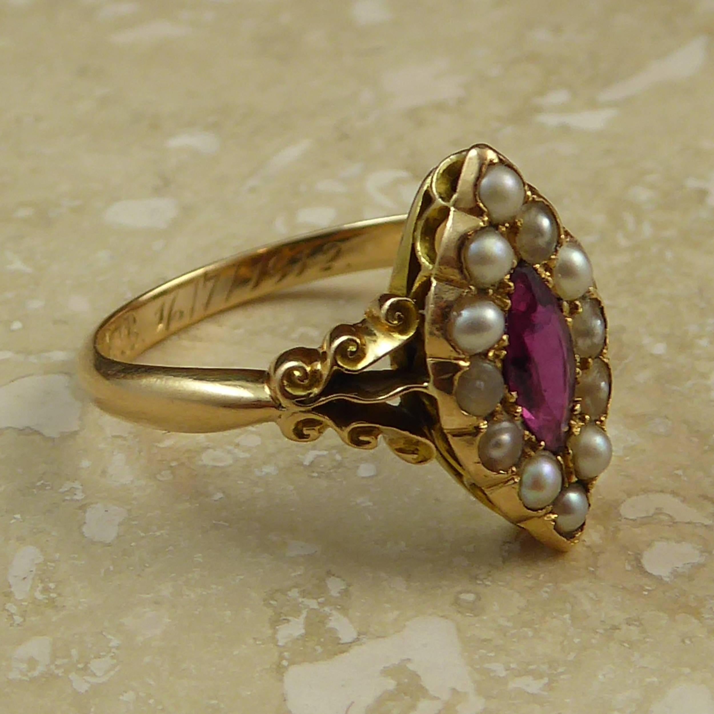 Women's Art Nouveau Ruby and Pearl Antique Engagement Ring, 18 Carat, Edwardian 1912