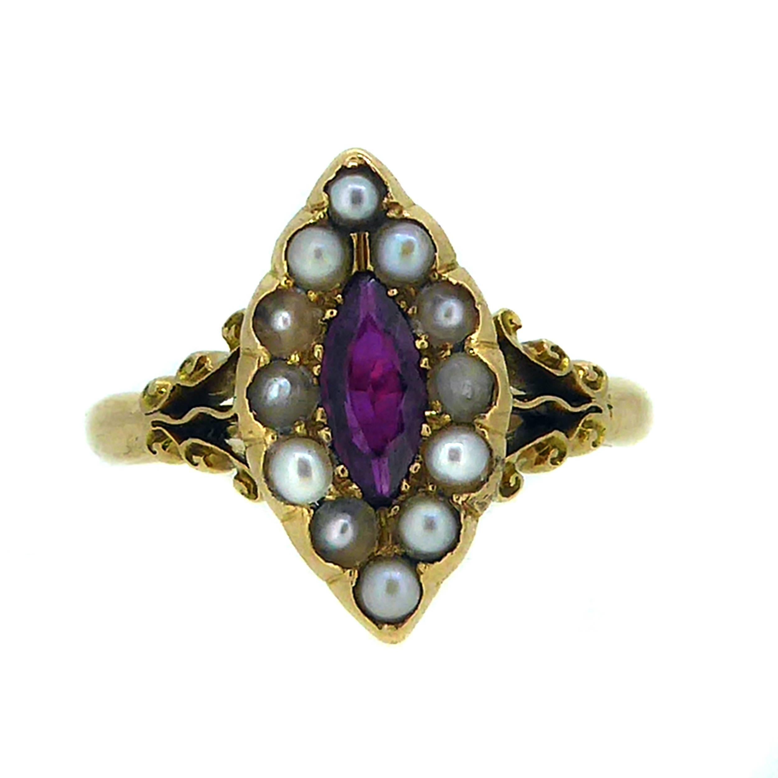 Art Nouveau Ruby and Pearl Antique Engagement Ring, 18 Carat, Edwardian 1912