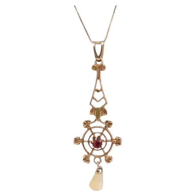 Jugendstil Rubin und Perle Samen Butterblume 10k Gold Lavaliere