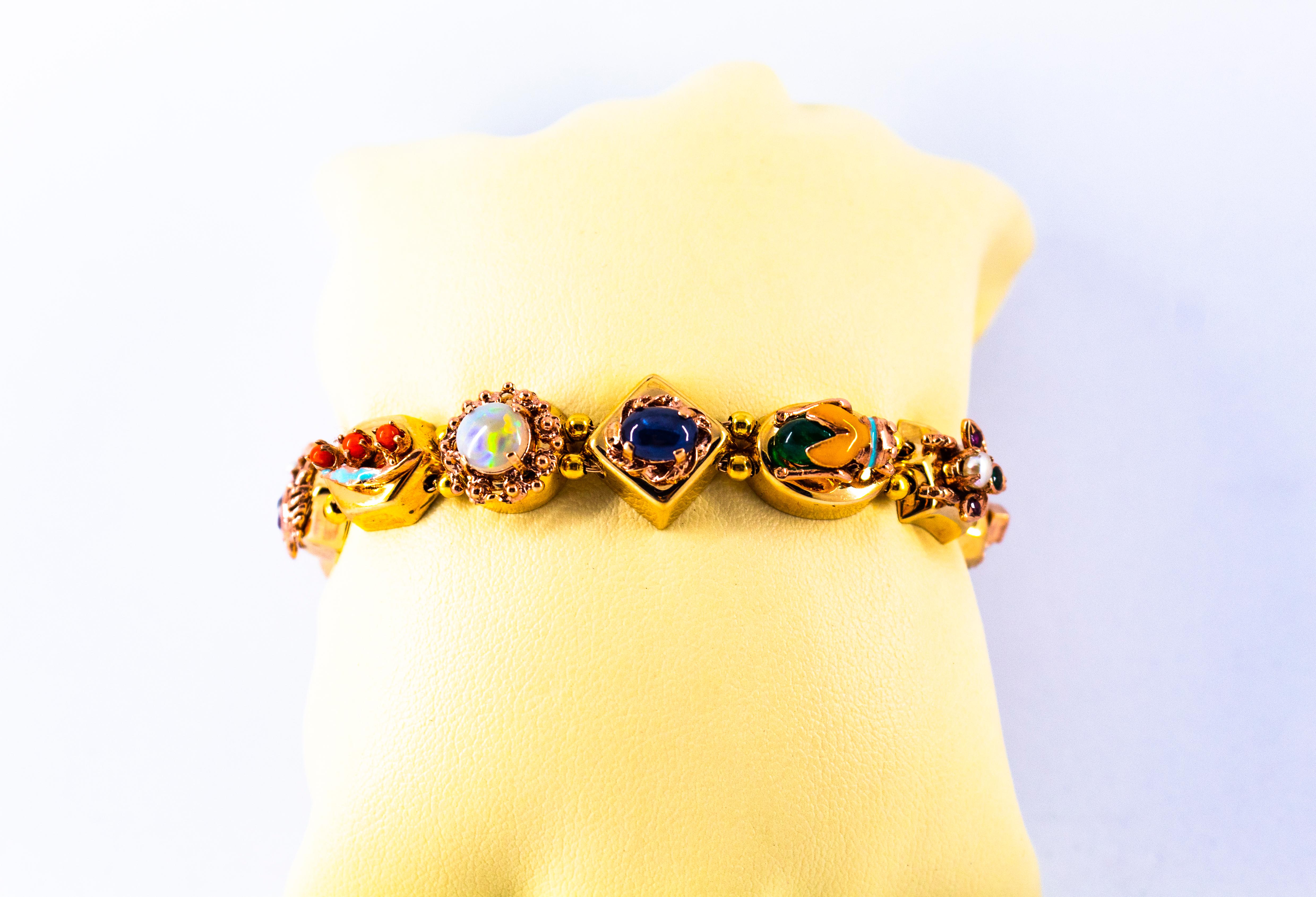 This bracelet is a real riot of colors and nature thanks to the intuition of Luigi Ferrara and all the precious stones.
This Bracelet is made of 9K Yellow Gold with 18K Yellow Gold Beads.
This Bracelet has 0.50 Carats of Rubies
This Bracelet has