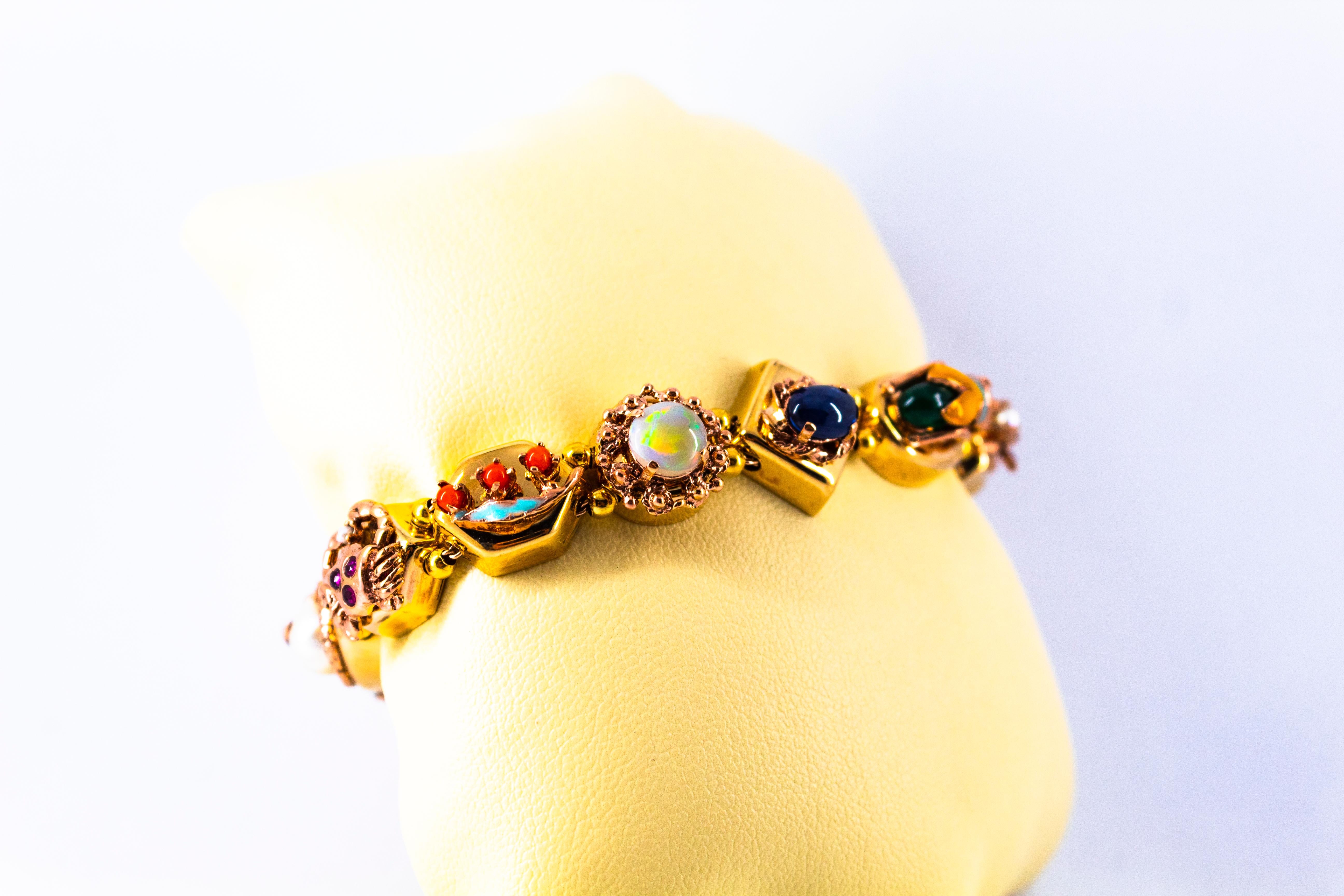 Art Nouveau Ruby Blue Sapphire Emerald Coral Opal Pearl Yellow Gold Bracelet In New Condition In Naples, IT