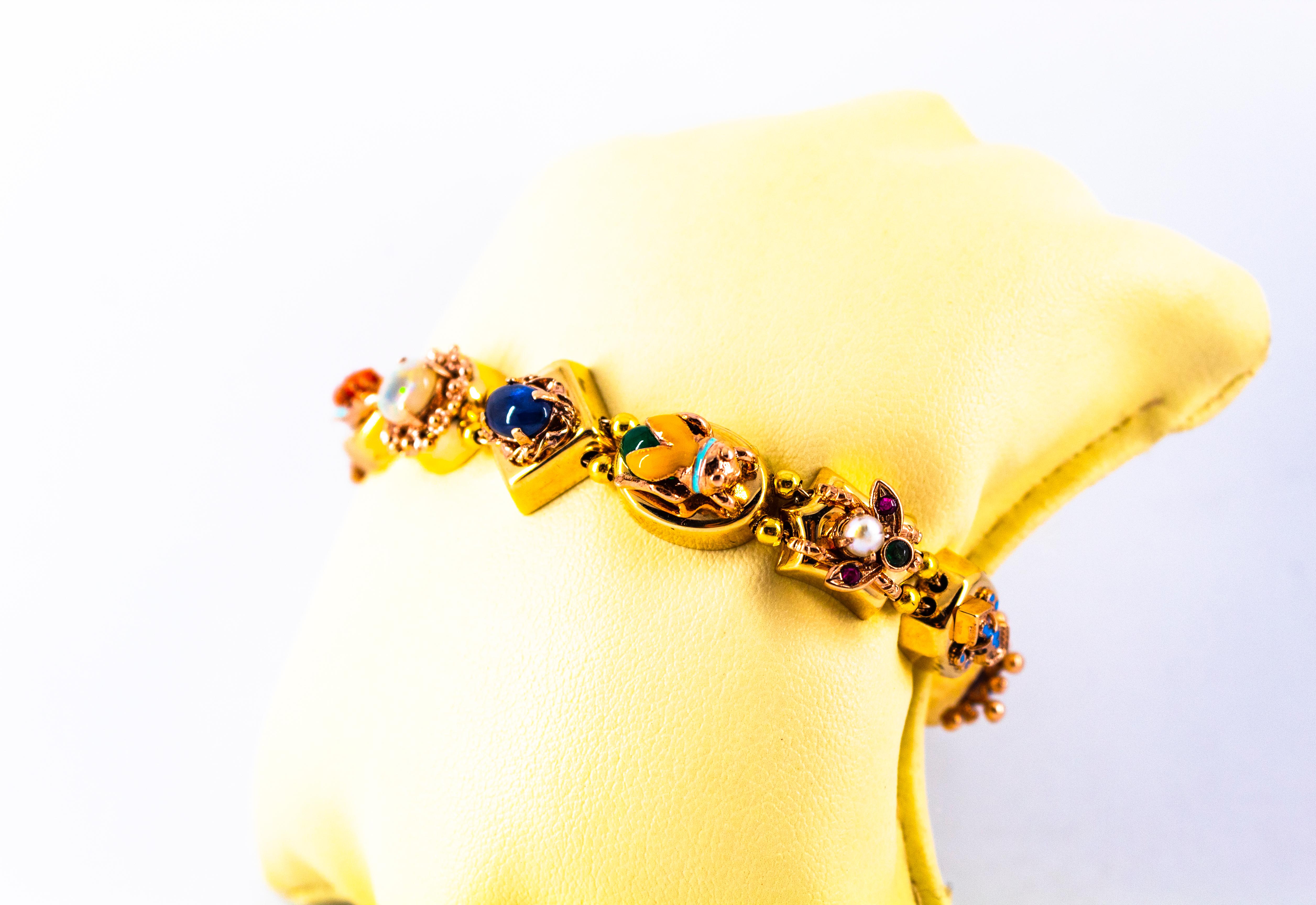 Women's or Men's Art Nouveau Ruby Blue Sapphire Emerald Coral Opal Pearl Yellow Gold Bracelet