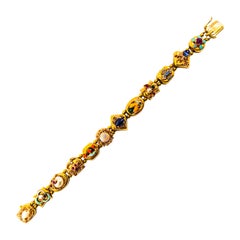 Vintage Art Nouveau Ruby Blue Sapphire Emerald Coral Opal Pearl Yellow Gold Bracelet