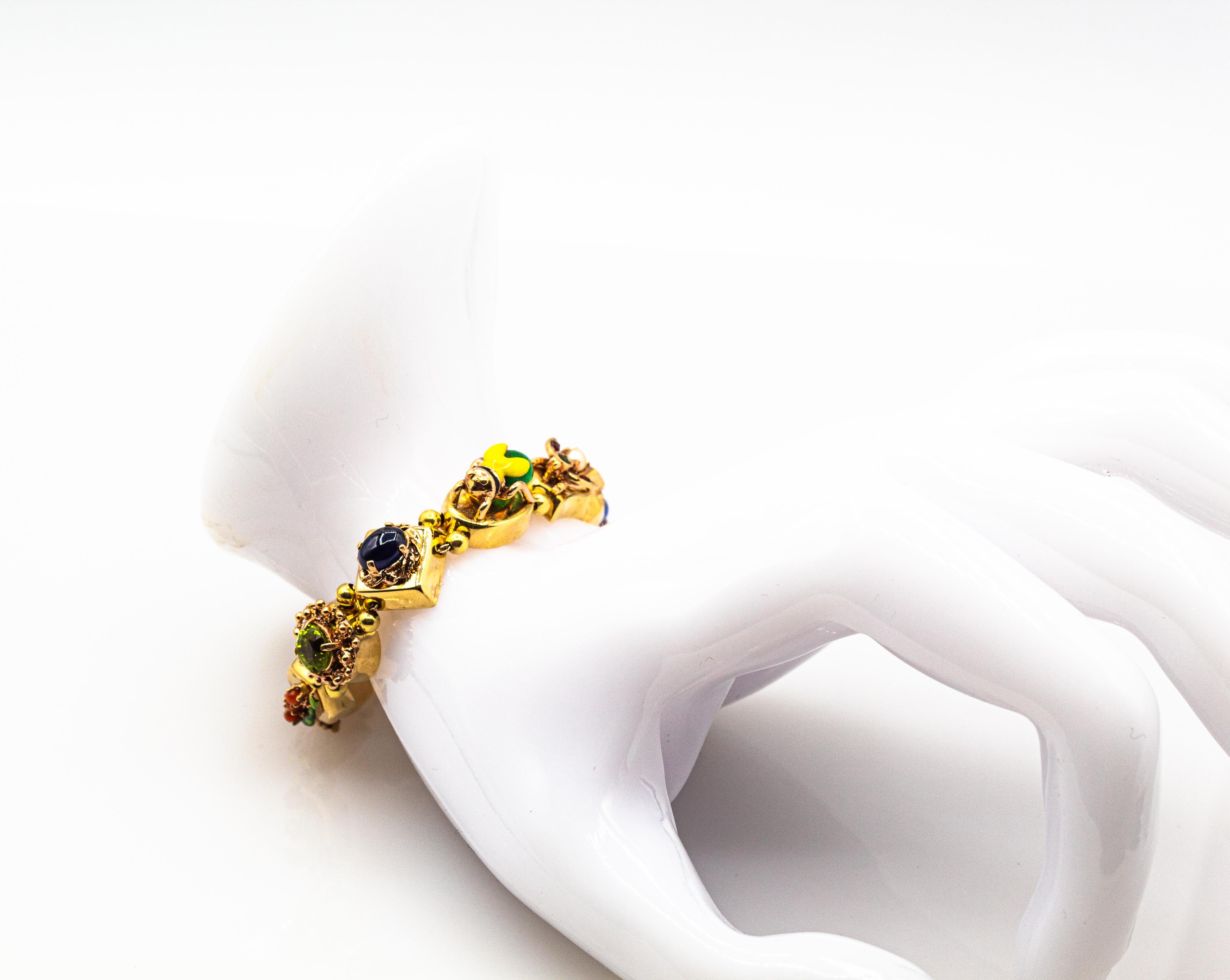 Gelbgold-Armband im Jugendstil, Rubin Blauer Saphir Smaragd Koralle Peridot Perle im Angebot 4
