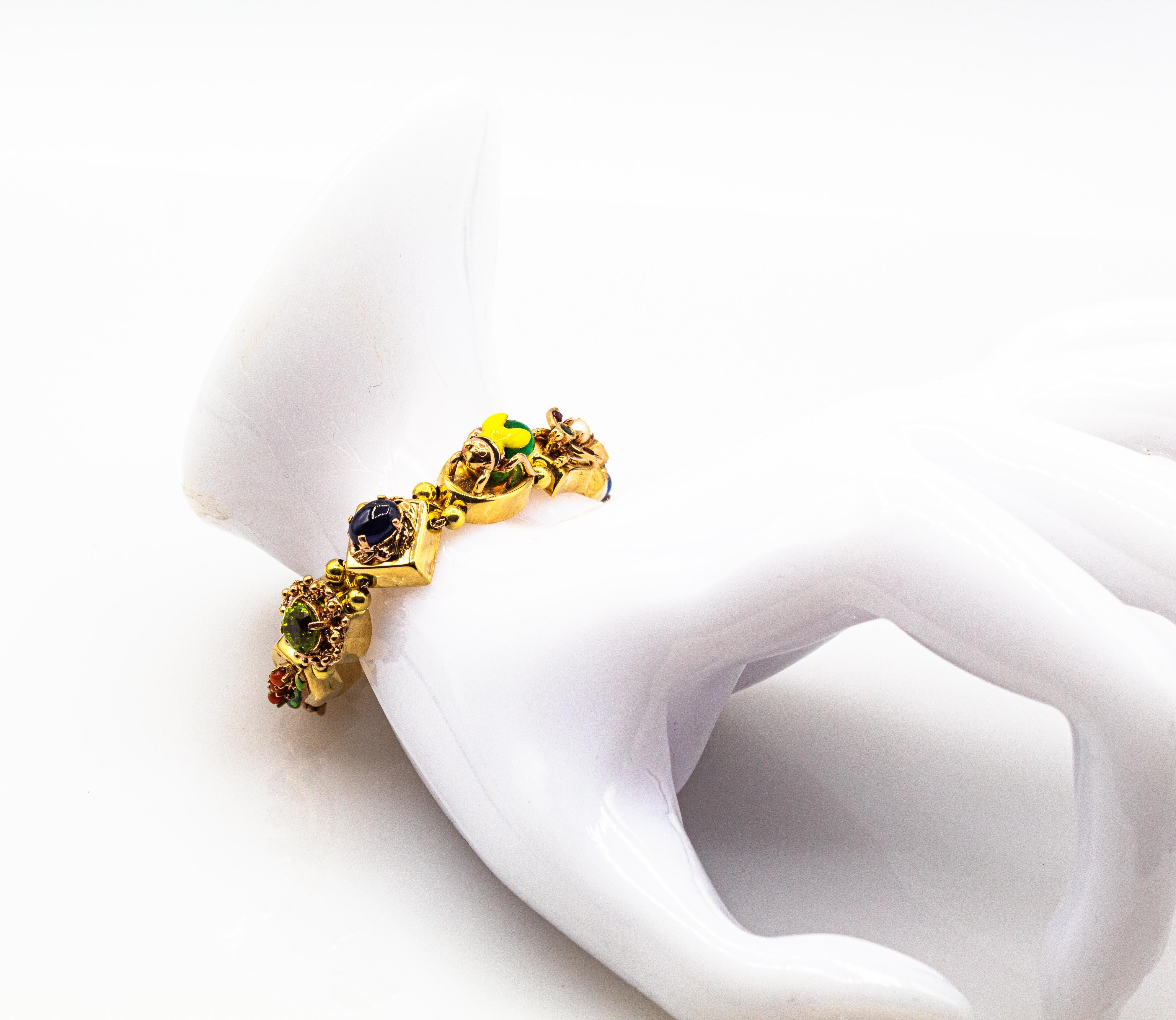 Art Nouveau Ruby Blue Sapphire Emerald Coral Peridot Pearl Yellow Gold Bracelet 6