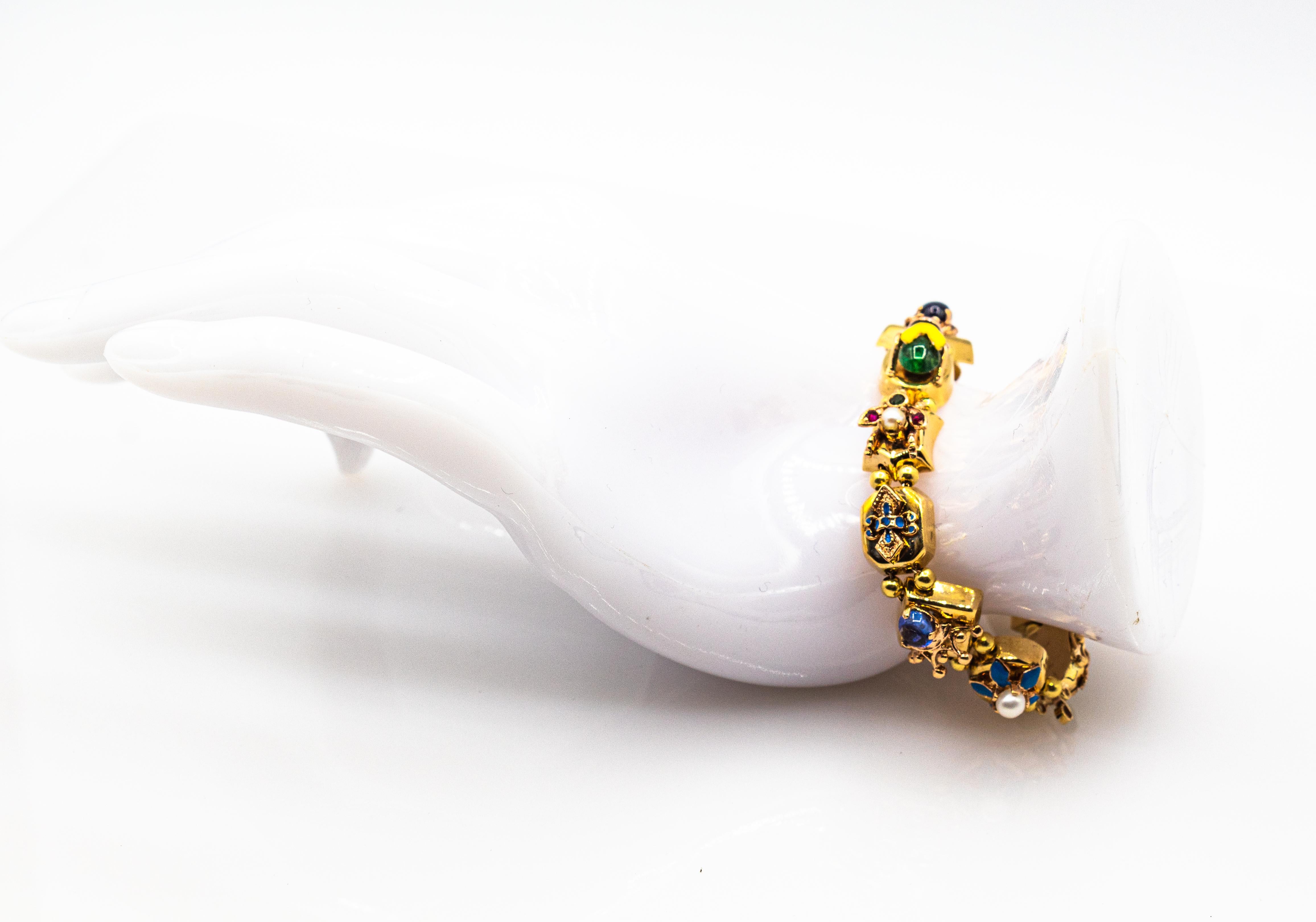 Art Nouveau Ruby Blue Sapphire Emerald Coral Peridot Pearl Yellow Gold Bracelet 7