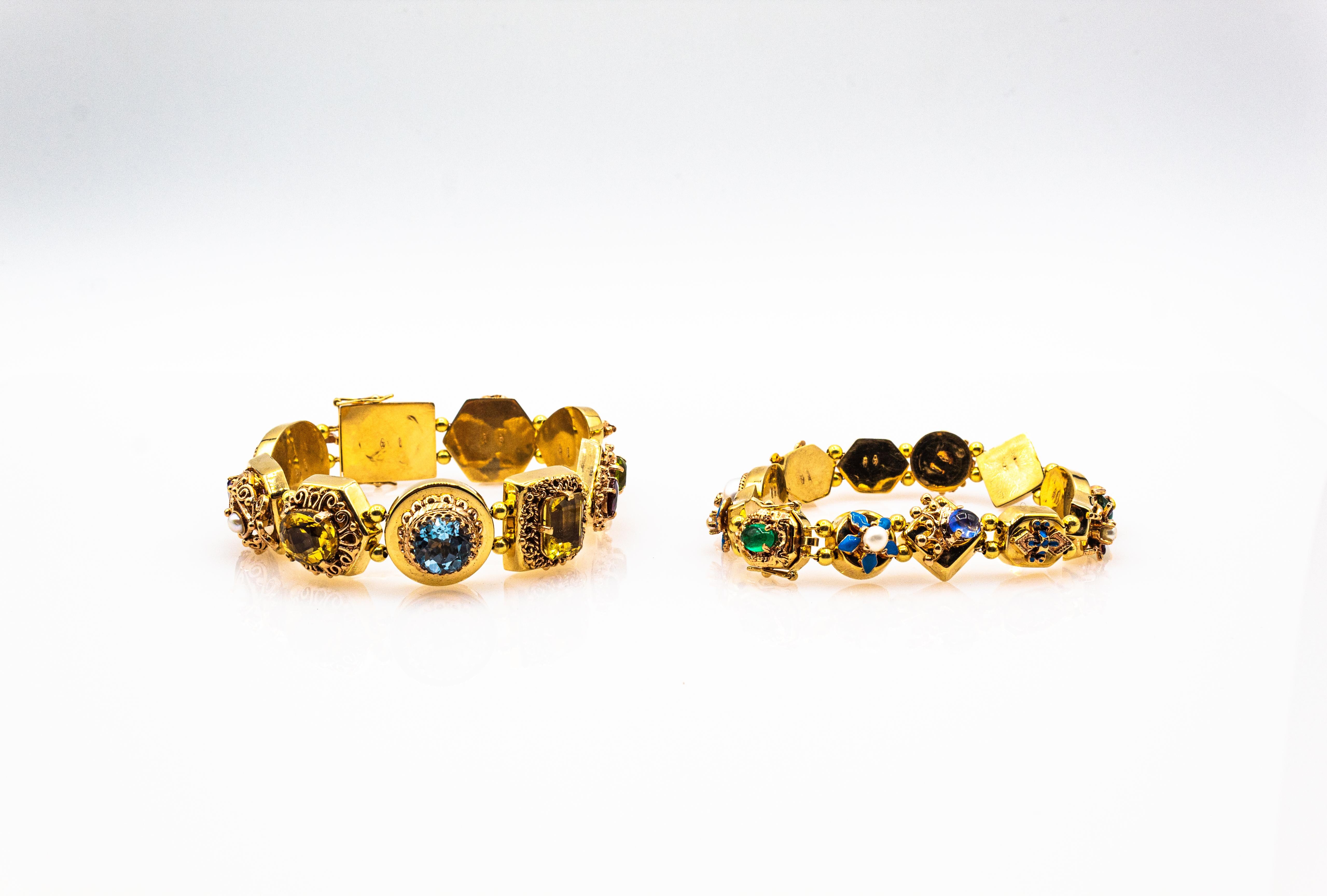 Art Nouveau Ruby Blue Sapphire Emerald Coral Peridot Pearl Yellow Gold Bracelet For Sale 8