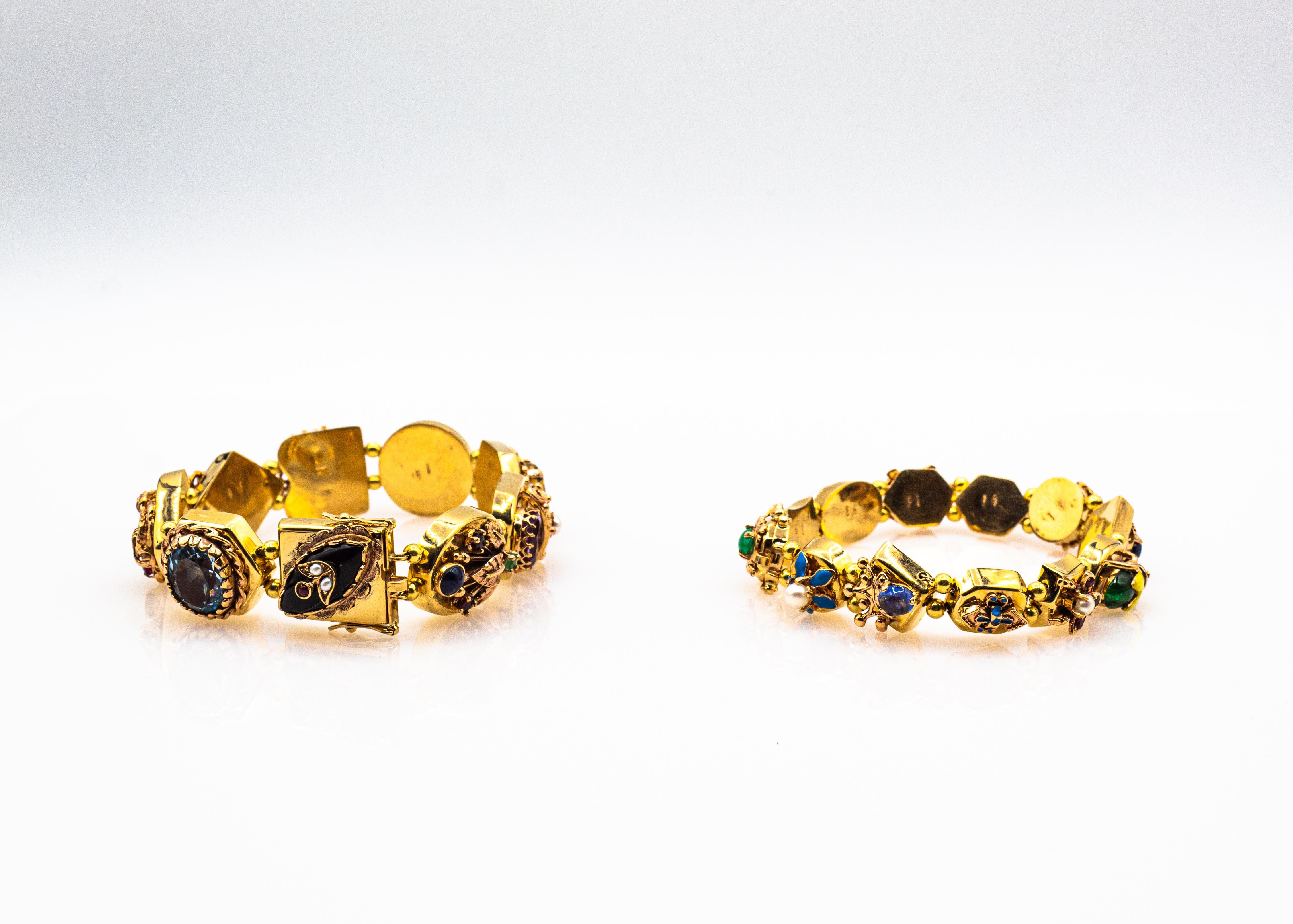 Art Nouveau Ruby Blue Sapphire Emerald Coral Peridot Pearl Yellow Gold Bracelet For Sale 9