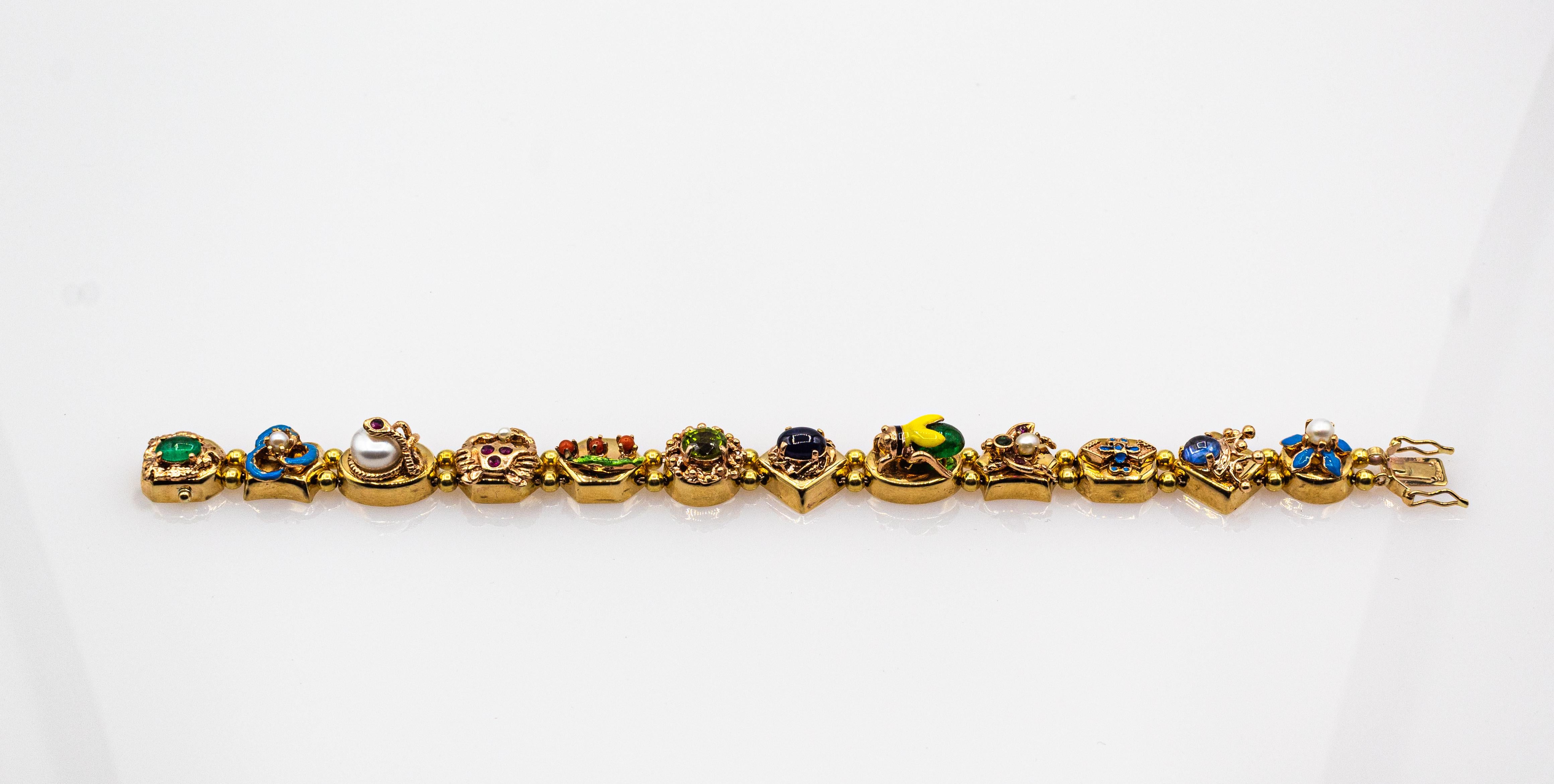 Gelbgold-Armband im Jugendstil, Rubin Blauer Saphir Smaragd Koralle Peridot Perle (Art nouveau) im Angebot