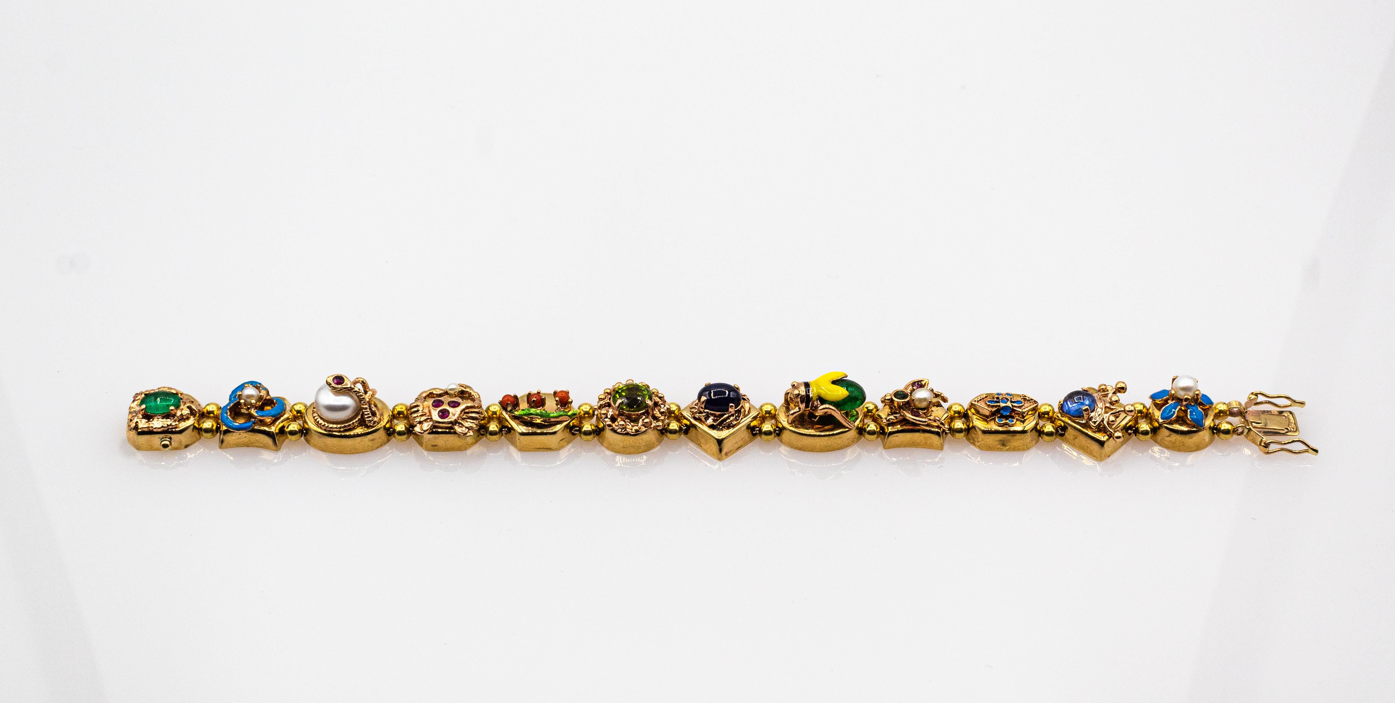 Art Nouveau Rubí Zafiro Azul Esmeralda Coral Peridoto Perla Oro Amarillo Pulsera Corte mixto