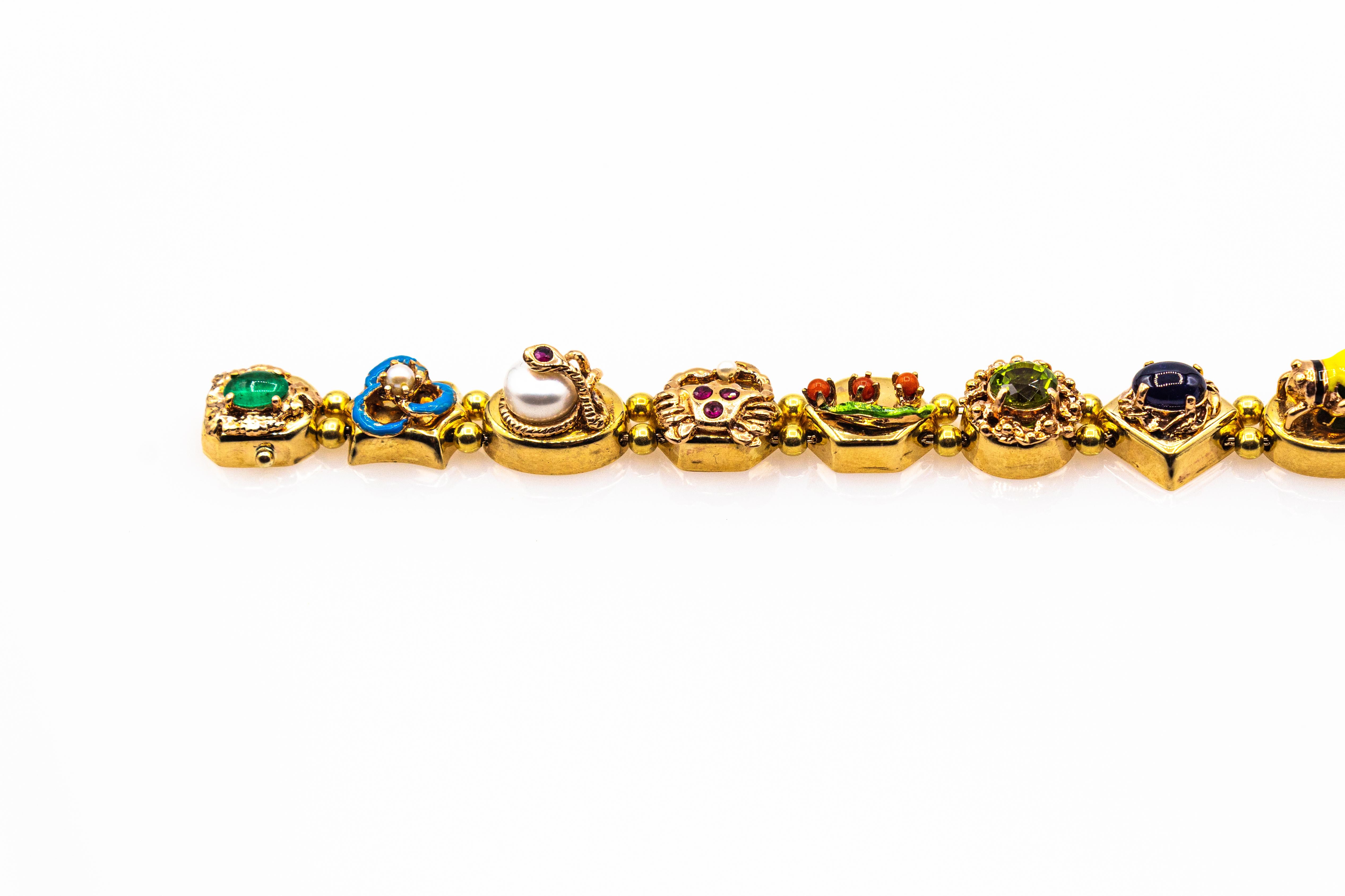 Art Nouveau Rubí Zafiro Azul Esmeralda Coral Peridoto Perla Oro Amarillo Pulsera en Nuevo Estado en Naples, IT