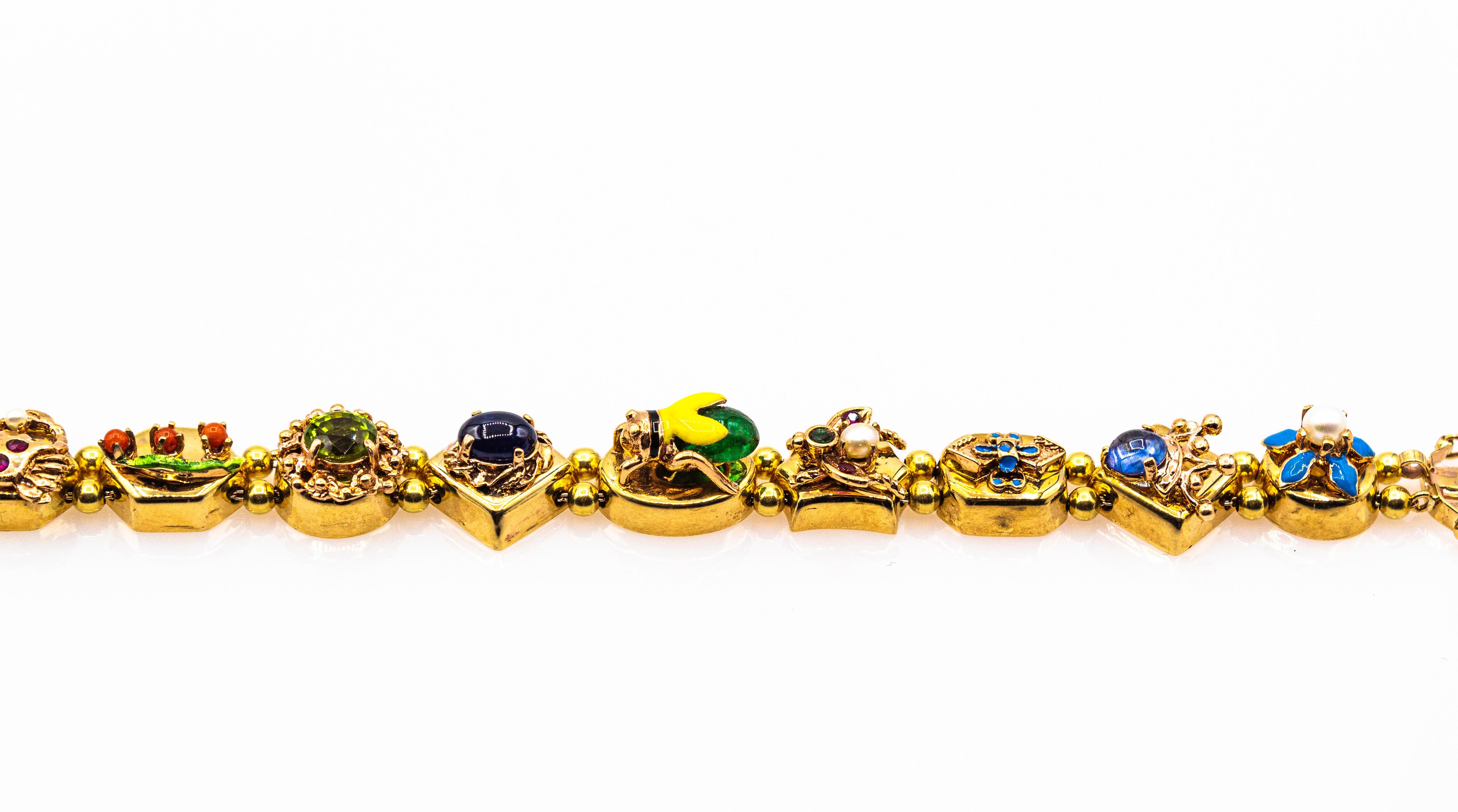 Gelbgold-Armband im Jugendstil, Rubin Blauer Saphir Smaragd Koralle Peridot Perle im Zustand „Neu“ im Angebot in Naples, IT