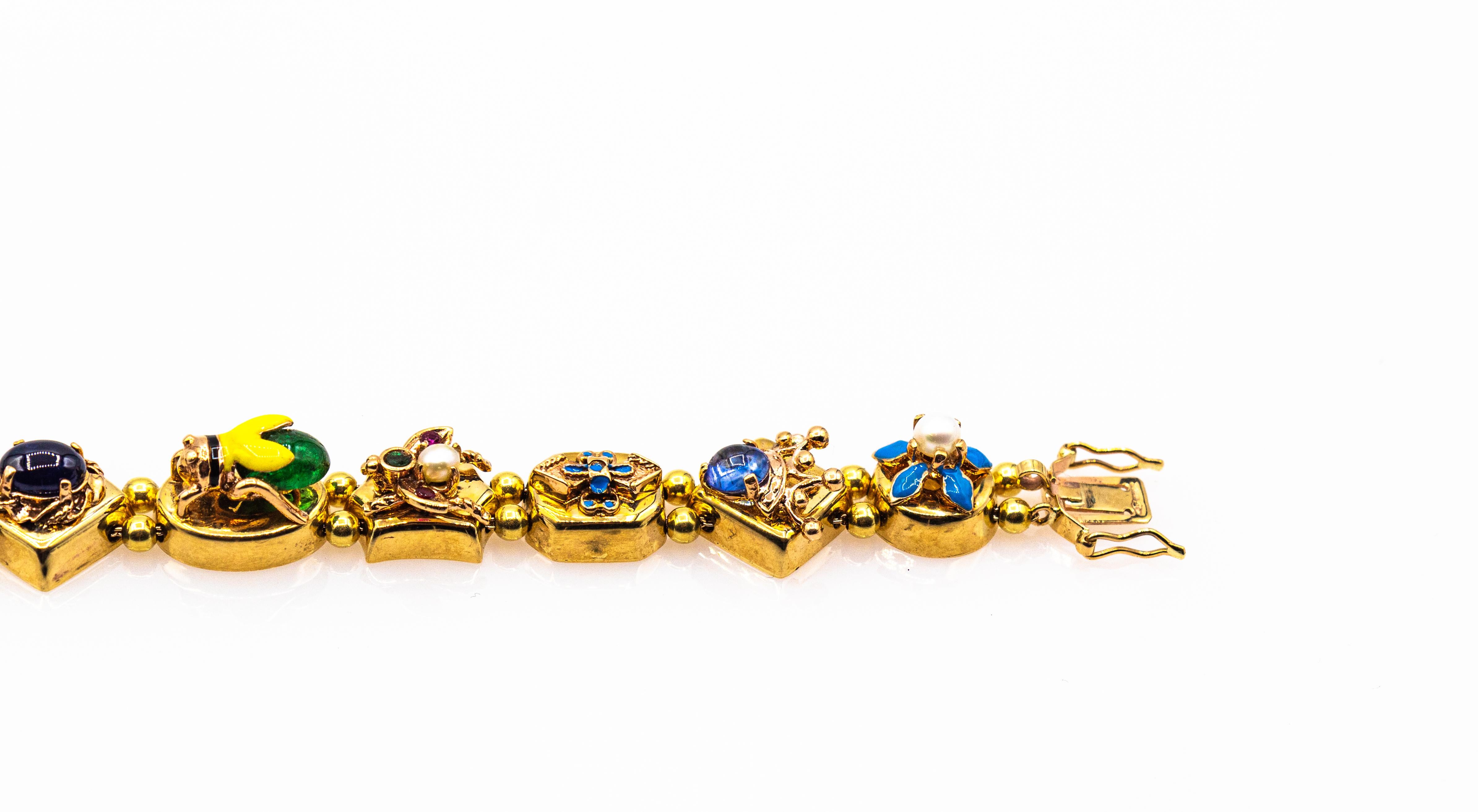 Art Nouveau Ruby Blue Sapphire Emerald Coral Peridot Pearl Yellow Gold Bracelet 1