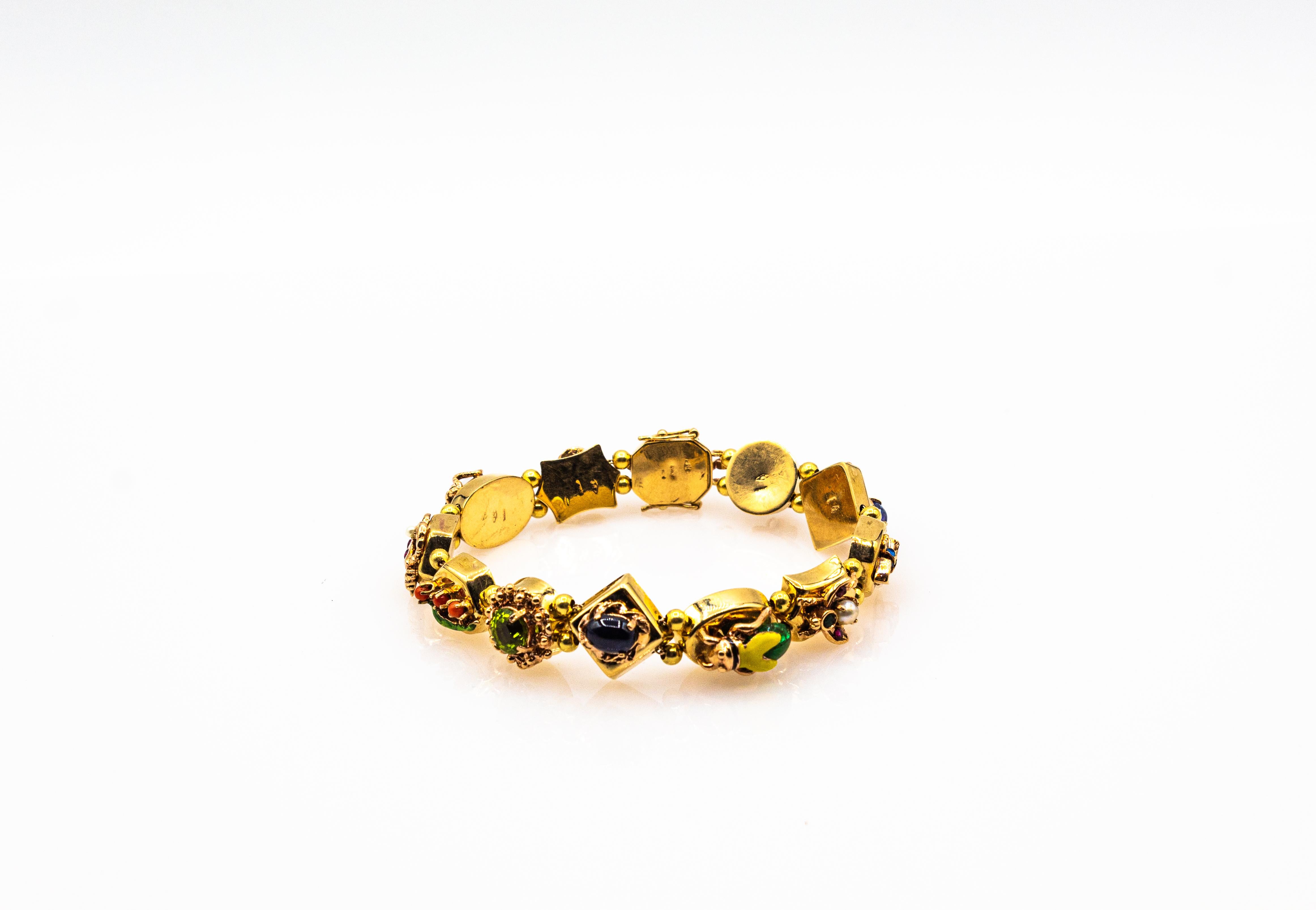 Art Nouveau Rubí Zafiro Azul Esmeralda Coral Peridoto Perla Oro Amarillo Pulsera 3