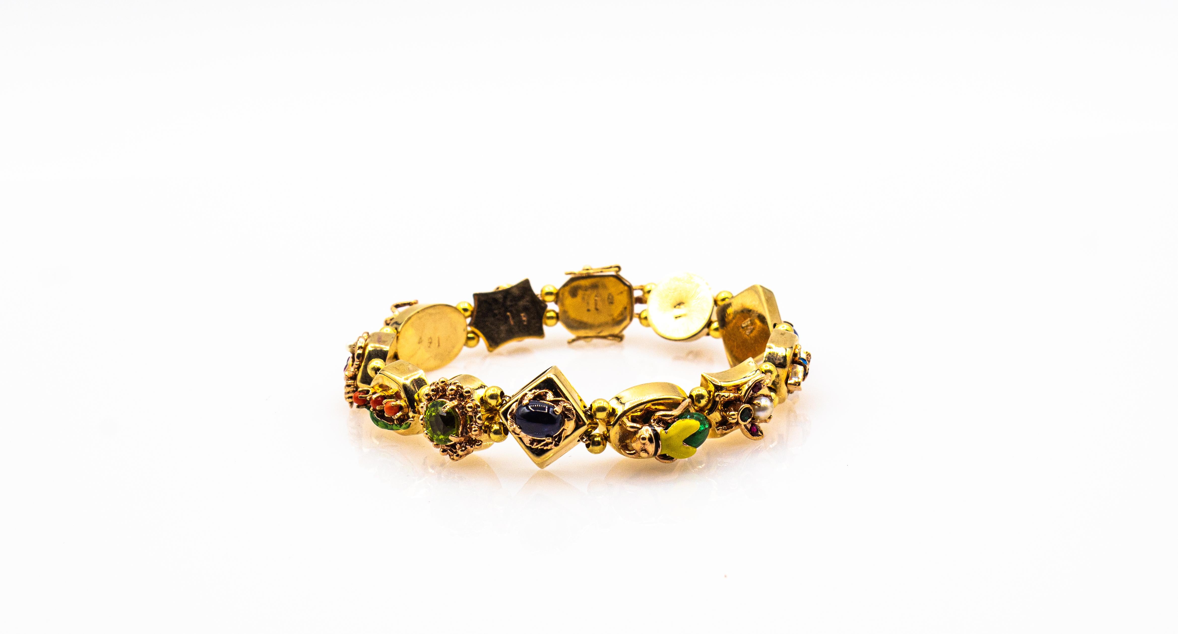 Gelbgold-Armband im Jugendstil, Rubin Blauer Saphir Smaragd Koralle Peridot Perle im Angebot 3