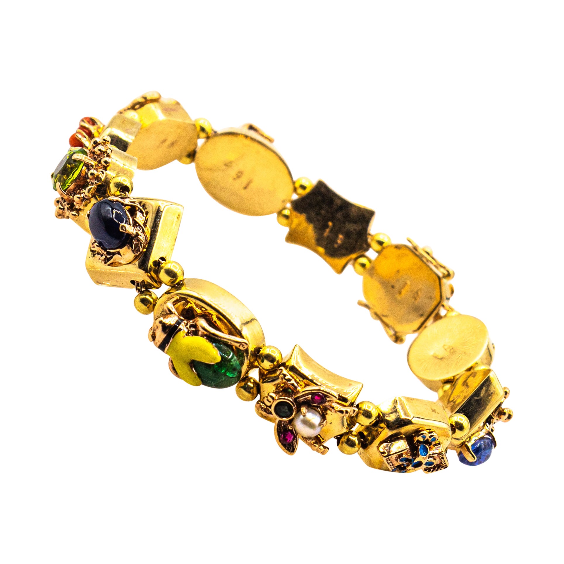 Art Nouveau Ruby Blue Sapphire Emerald Coral Peridot Pearl Yellow Gold Bracelet For Sale
