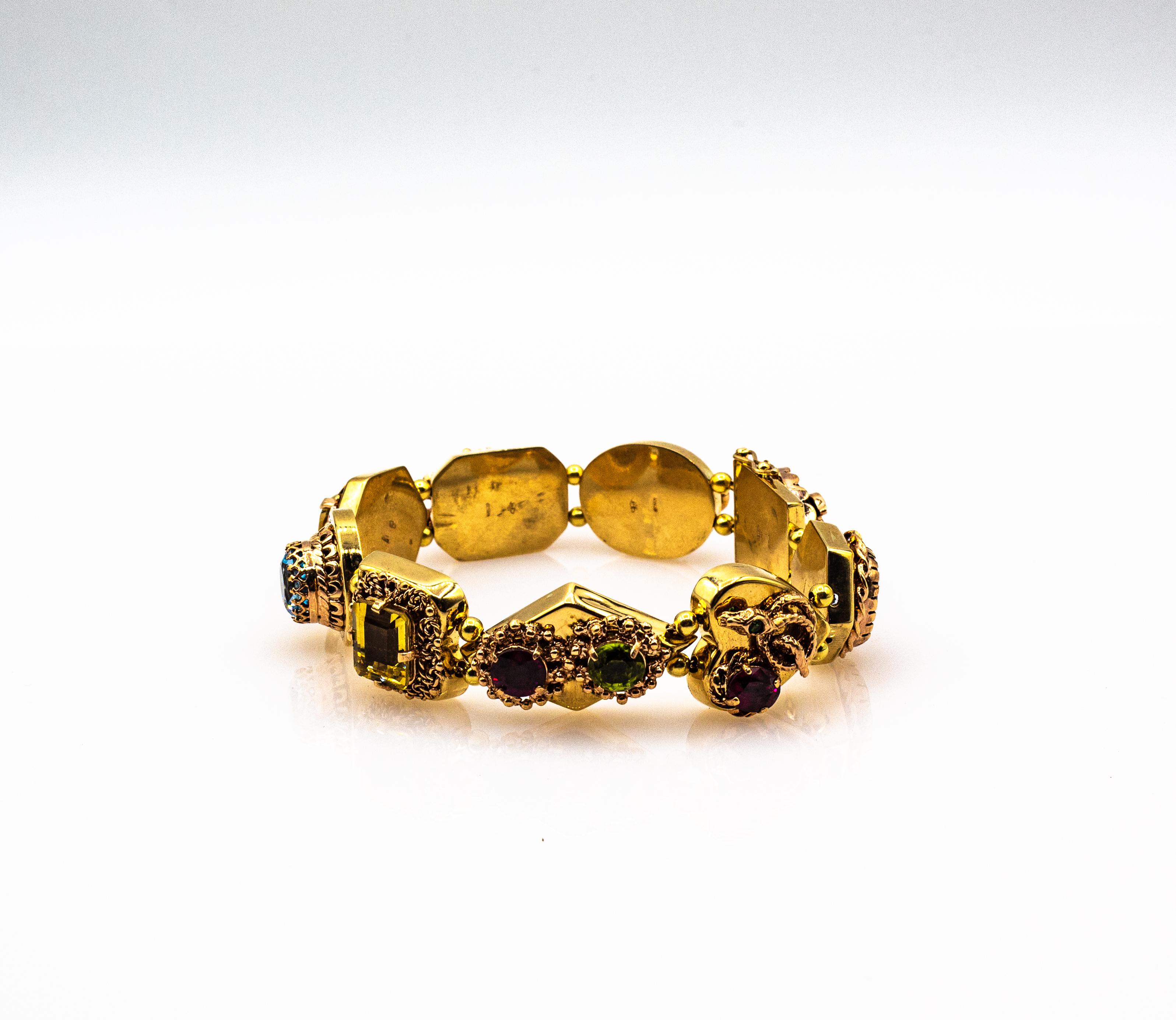 Art Nouveau Rubí Zafiro Azul Esmeralda Peridoto Citrino Ónix Pulsera de Oro Amarillo en venta 5