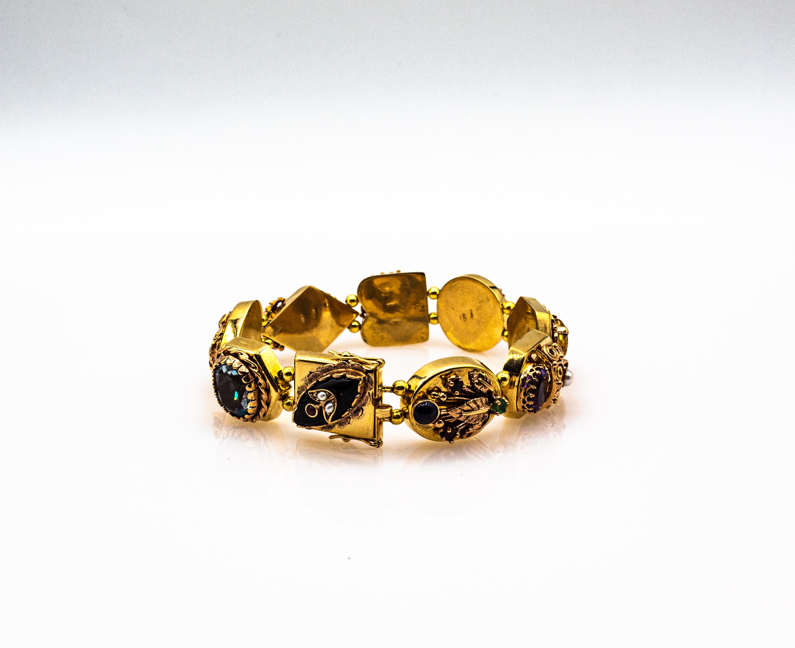 Art Nouveau Rubí Zafiro Azul Esmeralda Peridoto Citrino Ónix Pulsera de Oro Amarillo en venta 6