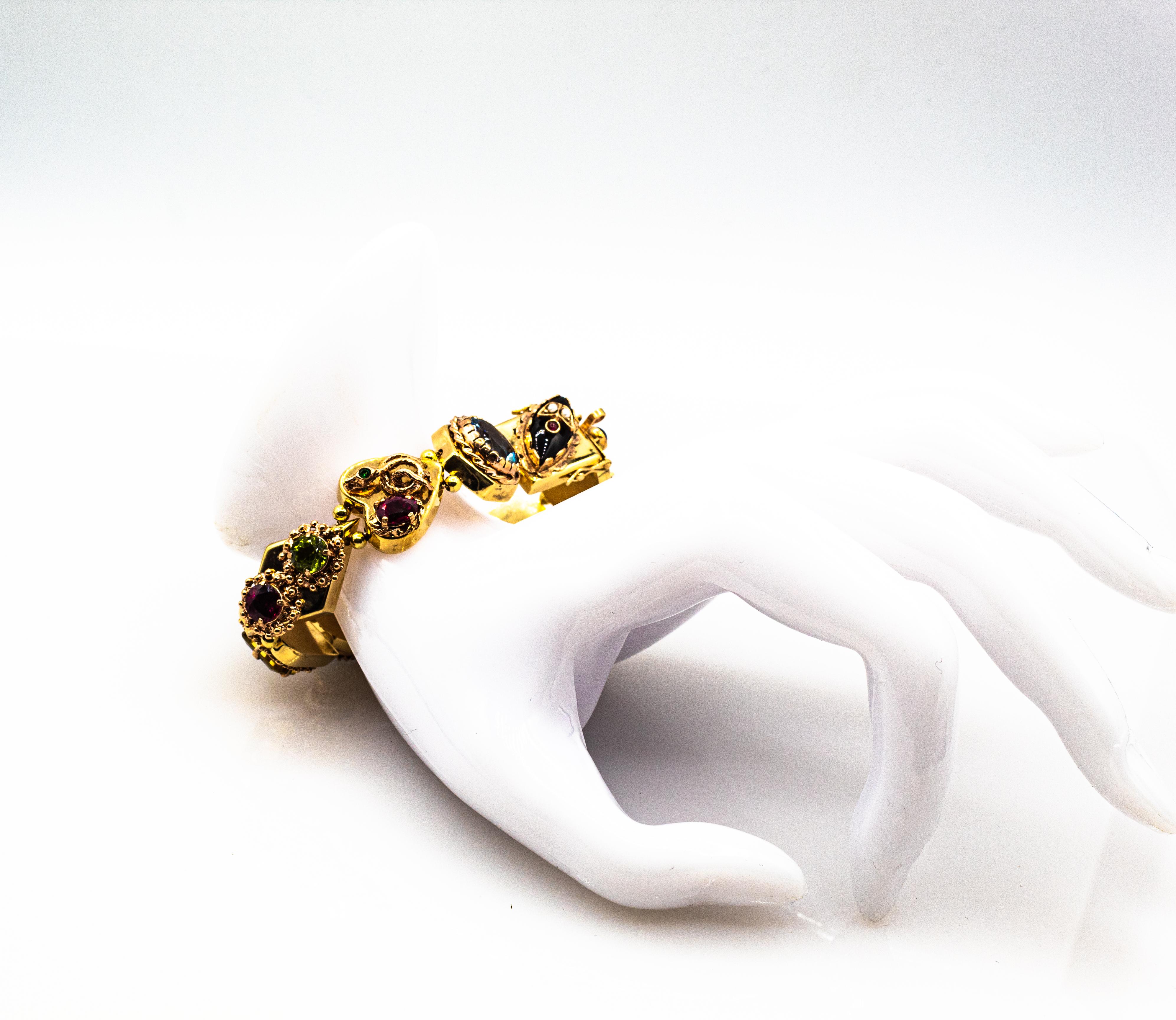 Art Nouveau Rubí Zafiro Azul Esmeralda Peridoto Citrino Ónix Pulsera de Oro Amarillo en venta 7