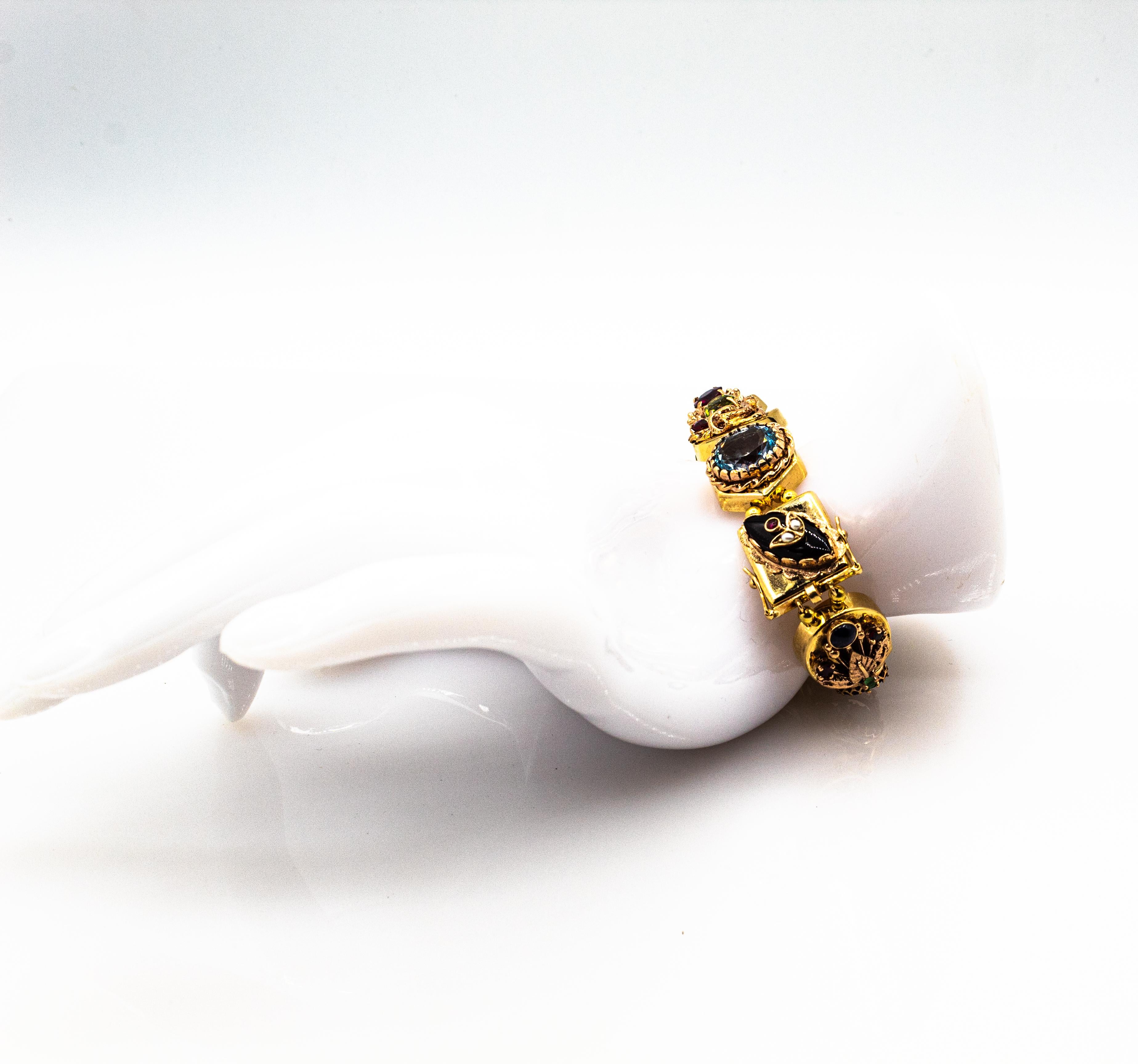 Art Nouveau Rubí Zafiro Azul Esmeralda Peridoto Citrino Ónix Pulsera de Oro Amarillo en venta 8