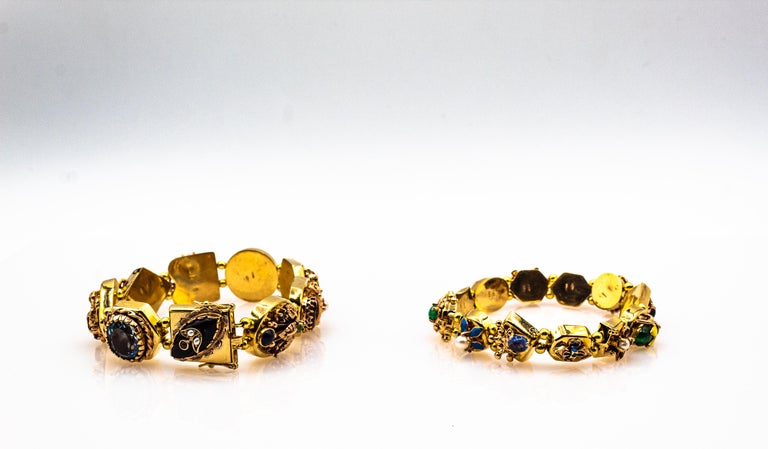 Mixed Cut Art Nouveau Ruby Blue Sapphire Emerald Peridot Citrine Onyx Yellow Gold Bracelet For Sale
