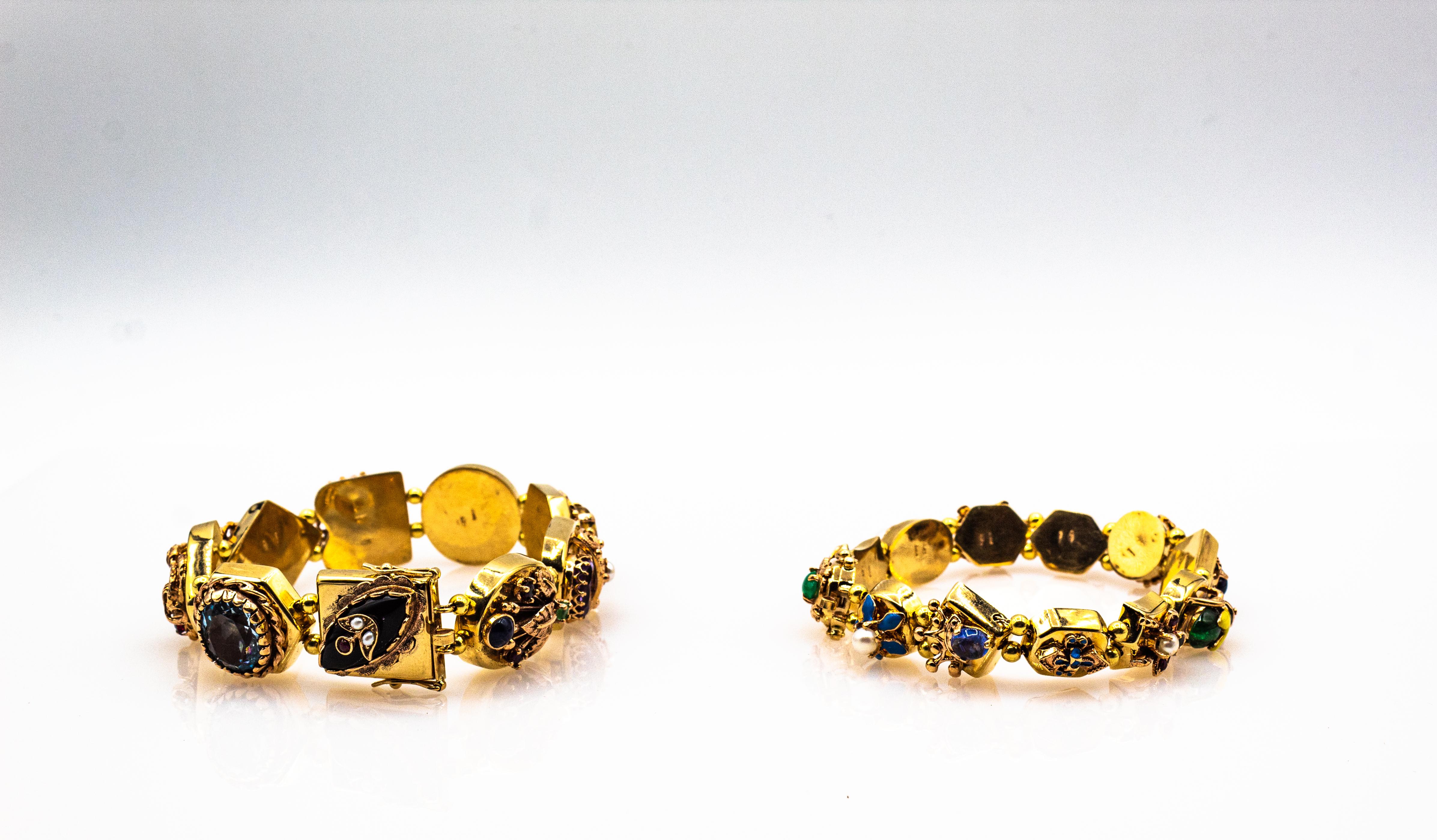 Art Nouveau Rubí Zafiro Azul Esmeralda Peridoto Citrino Ónix Pulsera de Oro Amarillo Corte mixto en venta