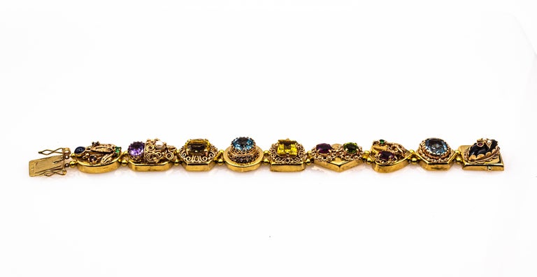 Art Nouveau Ruby Blue Sapphire Emerald Peridot Citrine Onyx Yellow Gold Bracelet In New Condition For Sale In Naples, IT