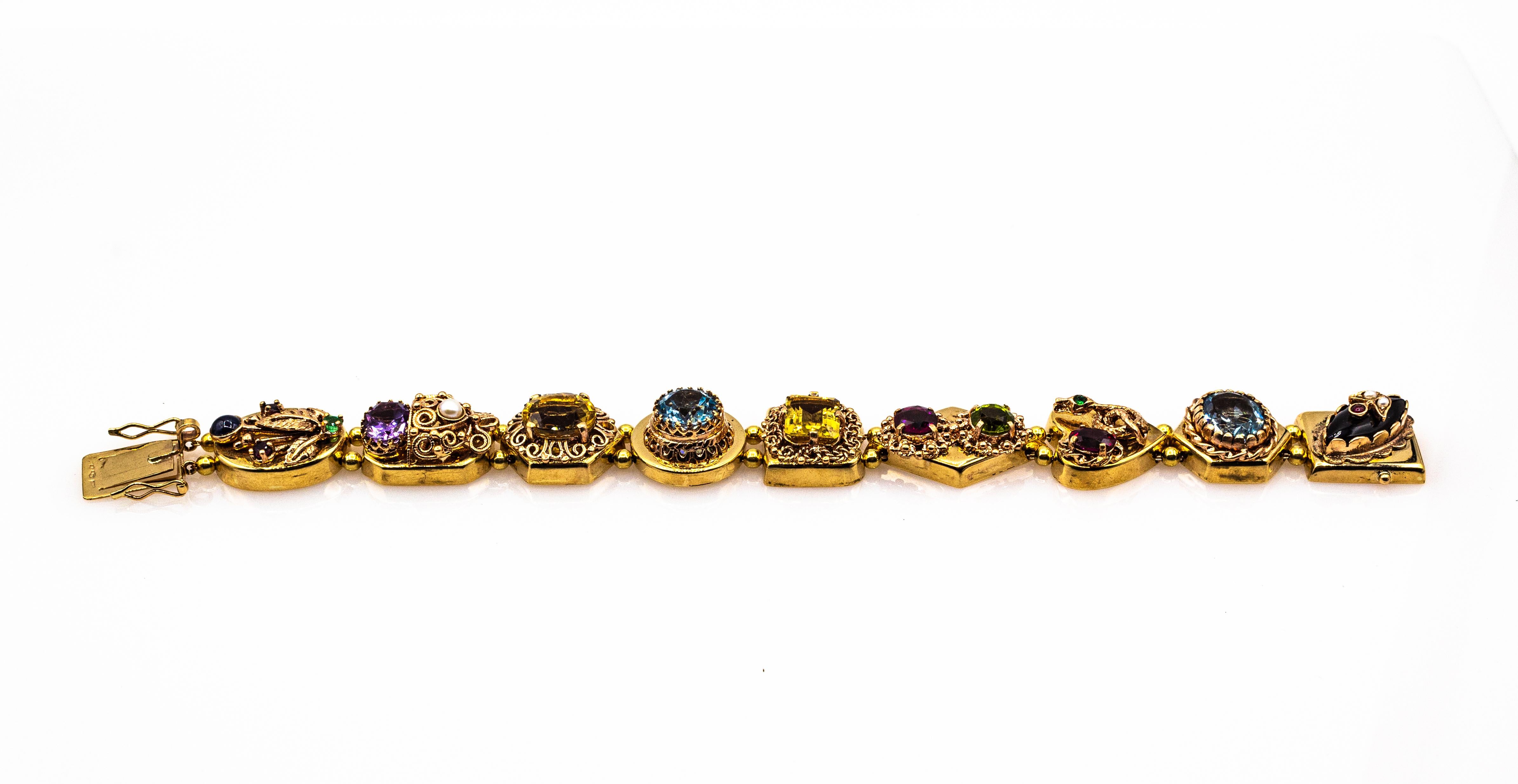 Art Nouveau Rubí Zafiro Azul Esmeralda Peridoto Citrino Ónix Pulsera de Oro Amarillo en Nuevo estado para la venta en Naples, IT