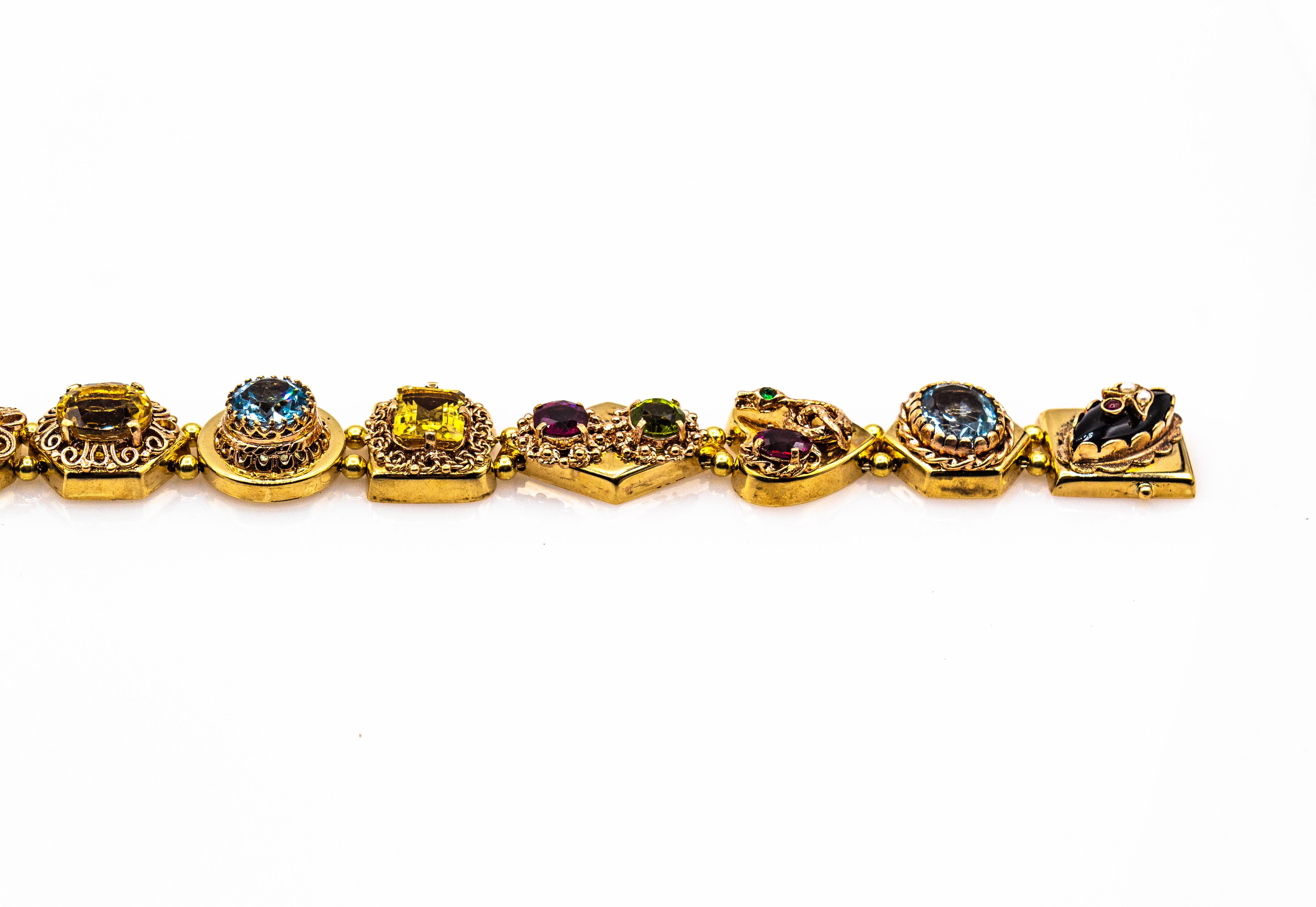 Art Nouveau Ruby Blue Sapphire Emerald Peridot Citrine Onyx Yellow Gold Bracelet For Sale 1