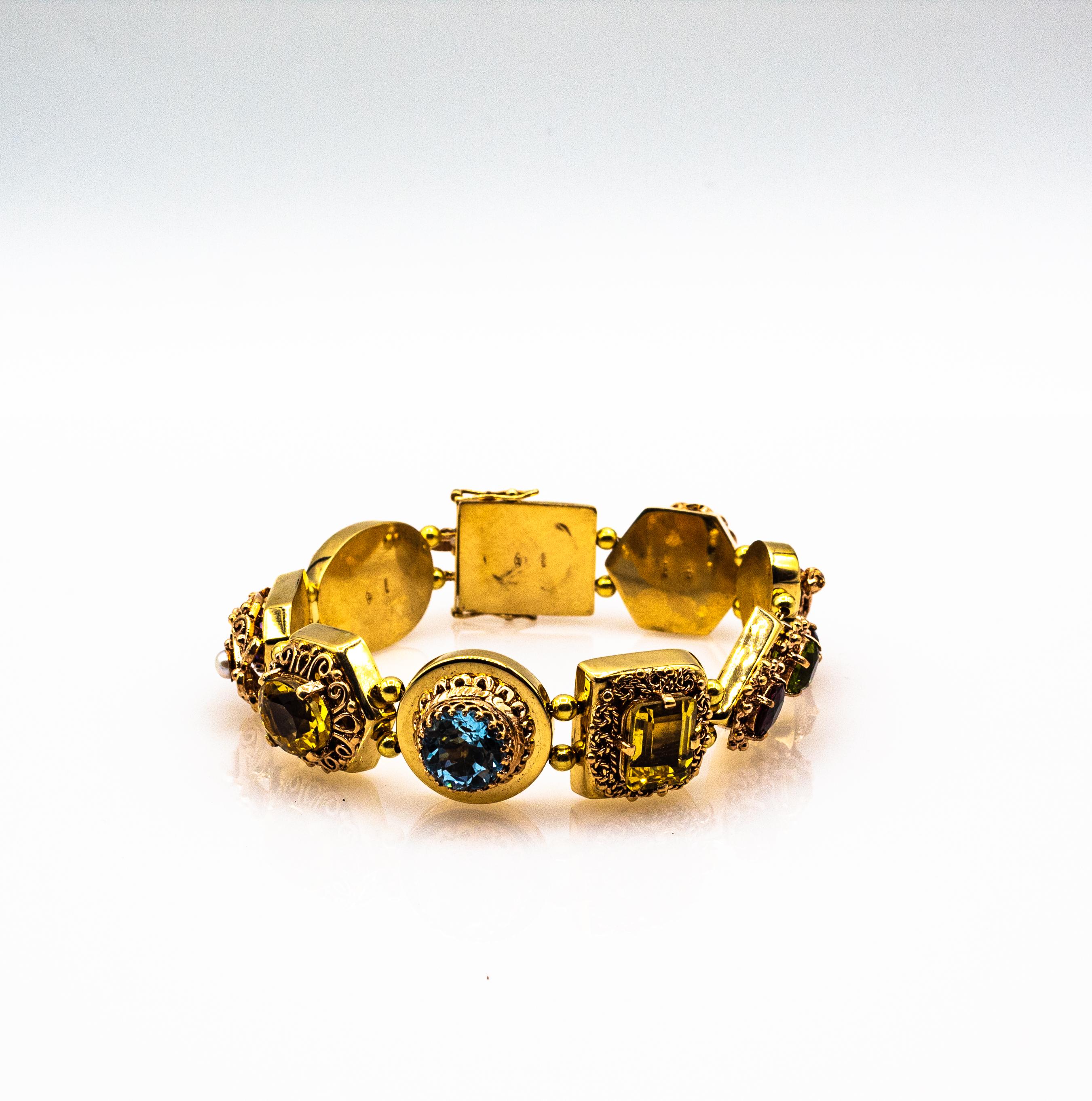 Art Nouveau Rubí Zafiro Azul Esmeralda Peridoto Citrino Ónix Pulsera de Oro Amarillo en venta 3