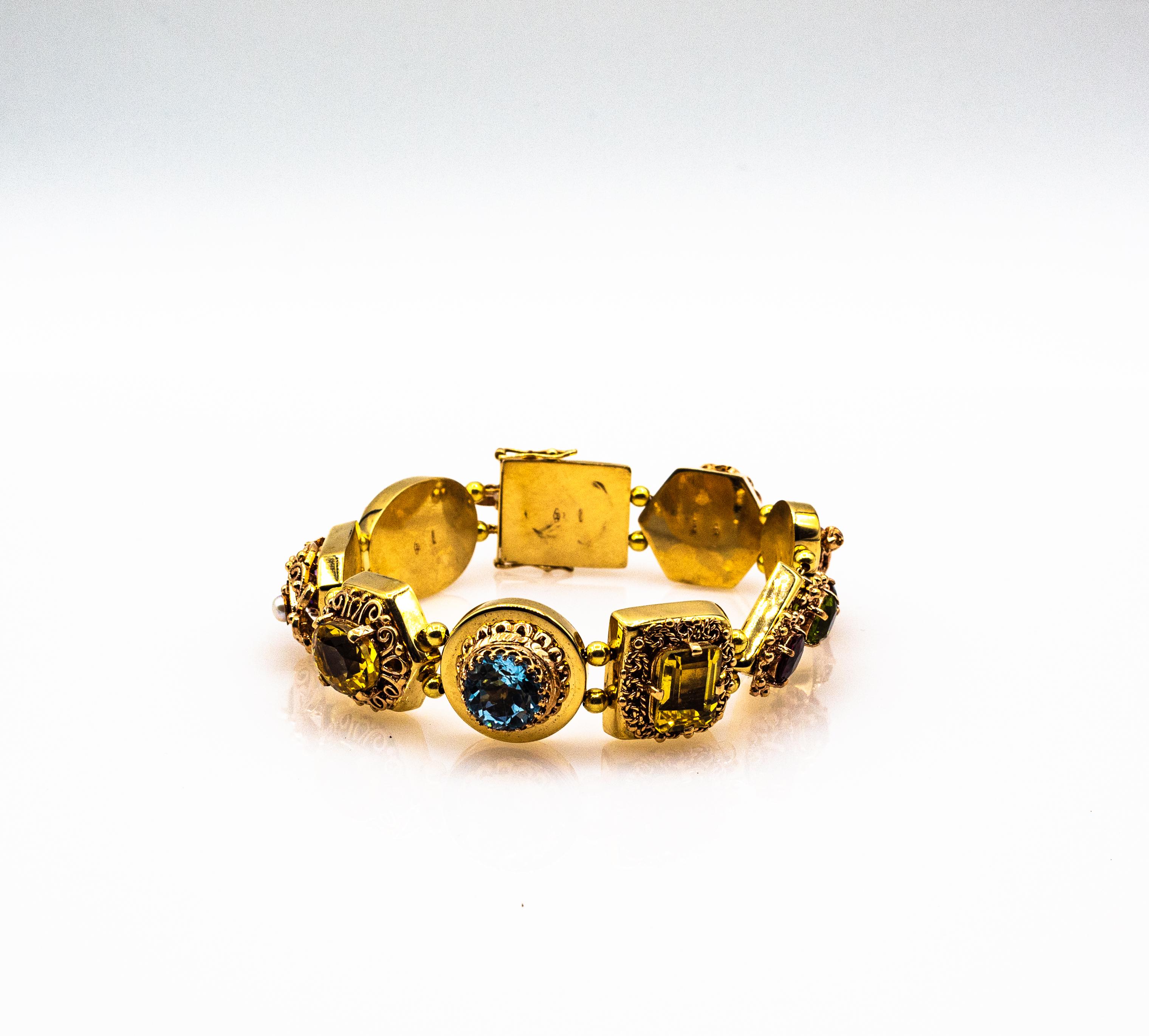 Art Nouveau Rubí Zafiro Azul Esmeralda Peridoto Citrino Ónix Pulsera de Oro Amarillo en venta 4