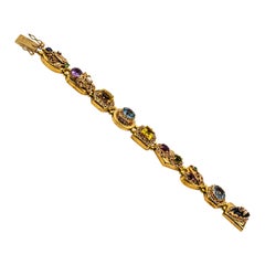 Vintage Art Nouveau Ruby Blue Sapphire Emerald Peridot Citrine Onyx Yellow Gold Bracelet