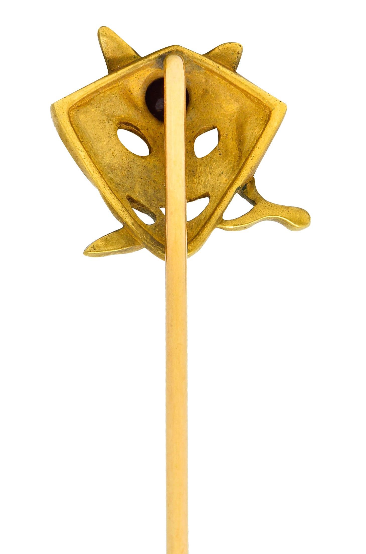 Art Nouveau Ruby Cabochon 18 Karat Yellow Gold Green Man Stickpin In Excellent Condition For Sale In Philadelphia, PA