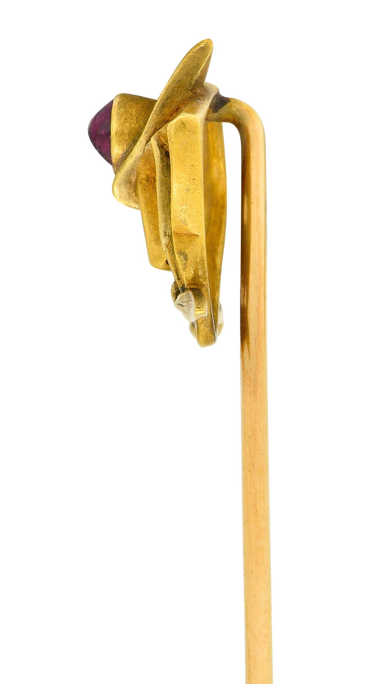 Art Nouveau Ruby Cabochon 18 Karat Yellow Gold Green Man Stickpin 1