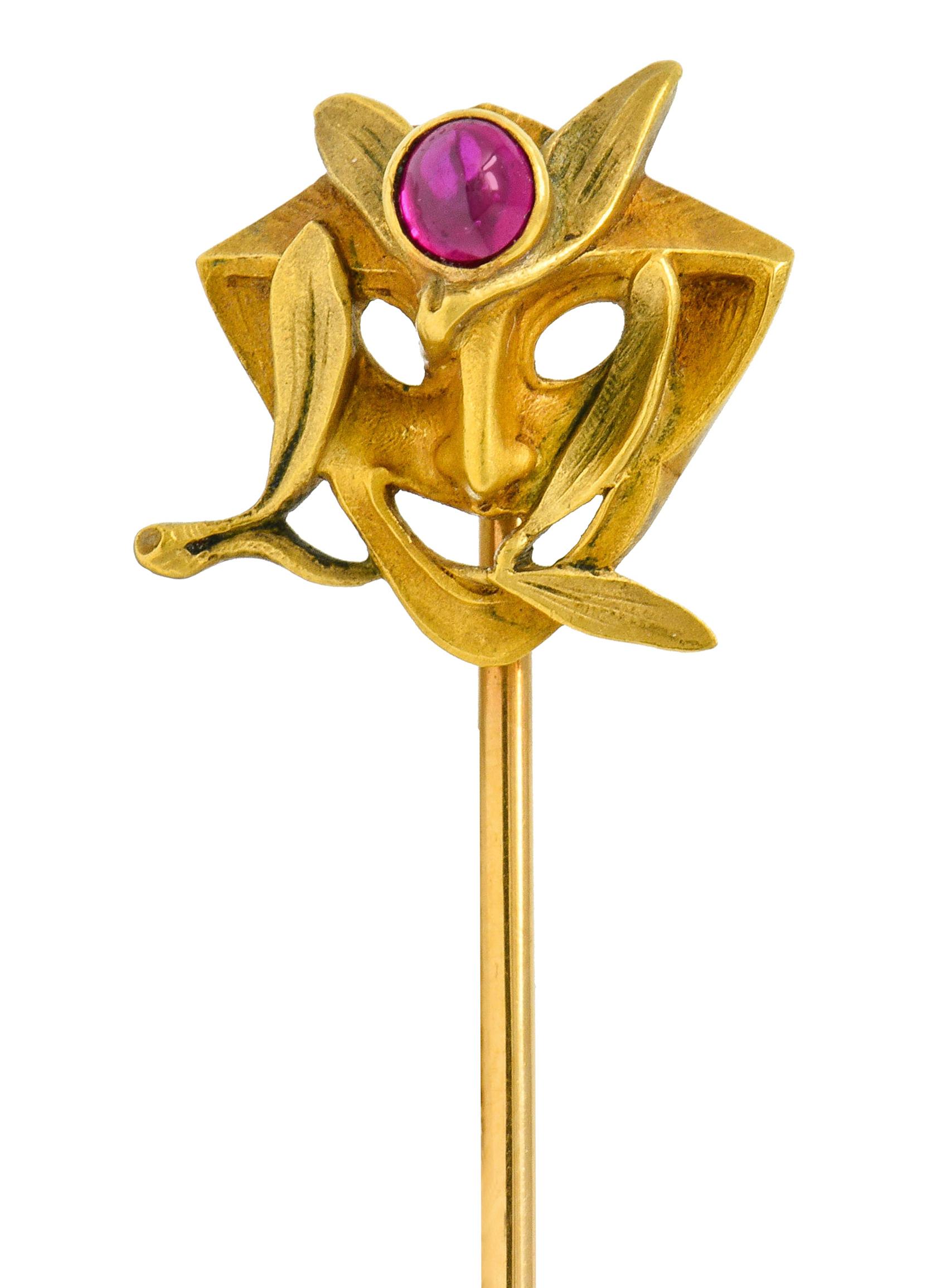 Art Nouveau Ruby Cabochon 18 Karat Yellow Gold Green Man Stickpin 2