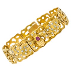 Antique Art Nouveau Ruby Diamond 14 Karat Gold Bee Link Bracelet