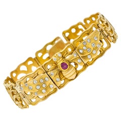 Antique Art Nouveau Ruby Diamond 14 Karat Gold Bee Link Bracelet