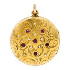 Antique Art Nouveau Ruby Diamond 14 Karat Yellow Gold Floral Locket Pendant