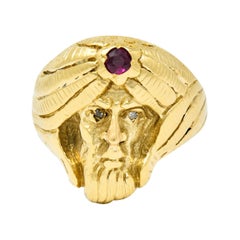 Art Nouveau Ruby Diamond 14 Karat Yellow Gold Wise Man Ring