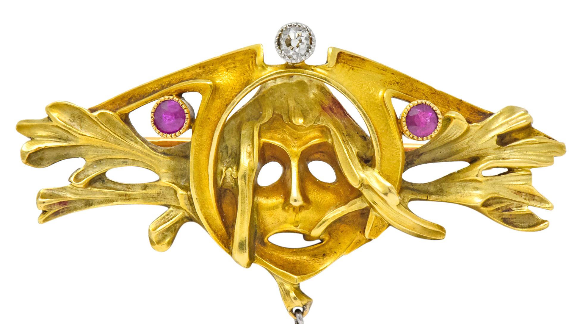 Art Nouveau Ruby Diamond 18 Karat Two-Tone Gold Green Men's Brooch In Excellent Condition In Philadelphia, PA