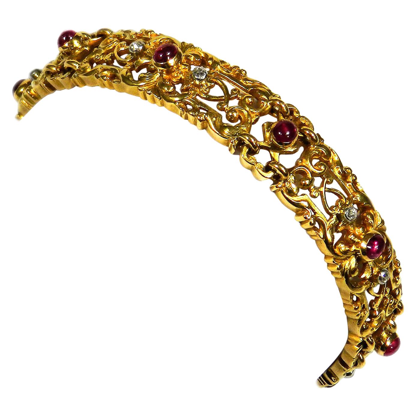 Art Nouveau Ruby Diamond 18k Gold Bracelet, Paris, circa 1890 For Sale