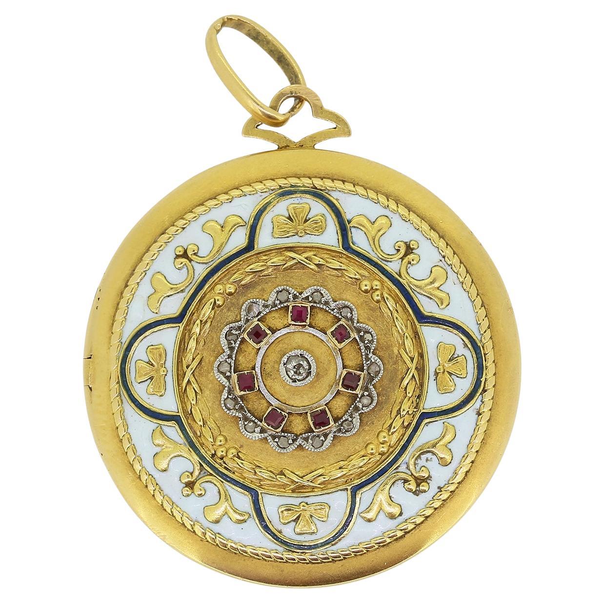 Art Nouveau Ruby Diamond and Enamel Locket Pendant