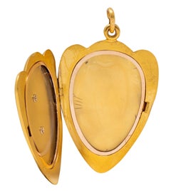 Art Nouveau Ruby Diamond Enamel 14K Yellow Gold Antique Princess Locket Pendant