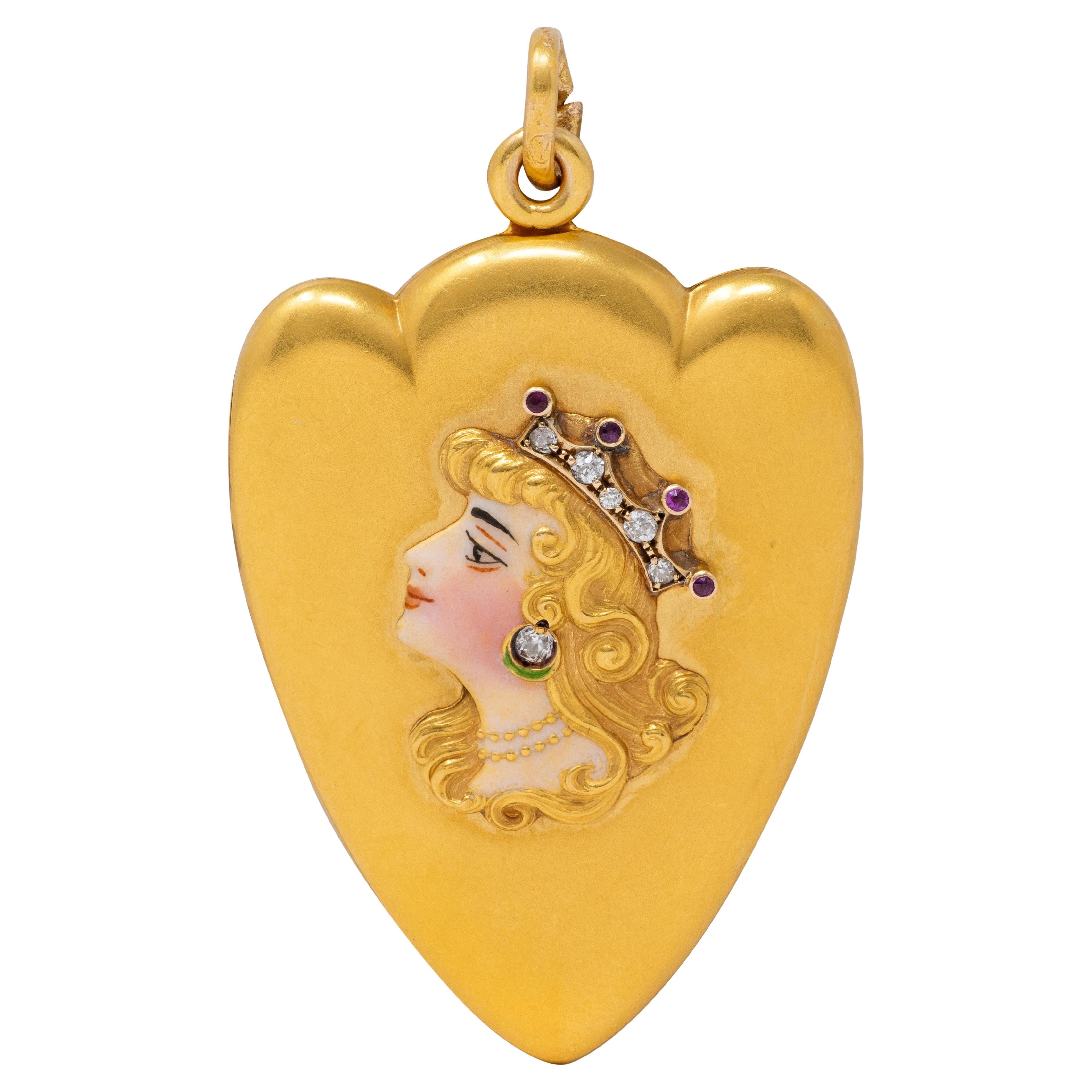 Art Nouveau Ruby Diamond Enamel 14K Yellow Gold Antique Princess Locket Pendant For Sale
