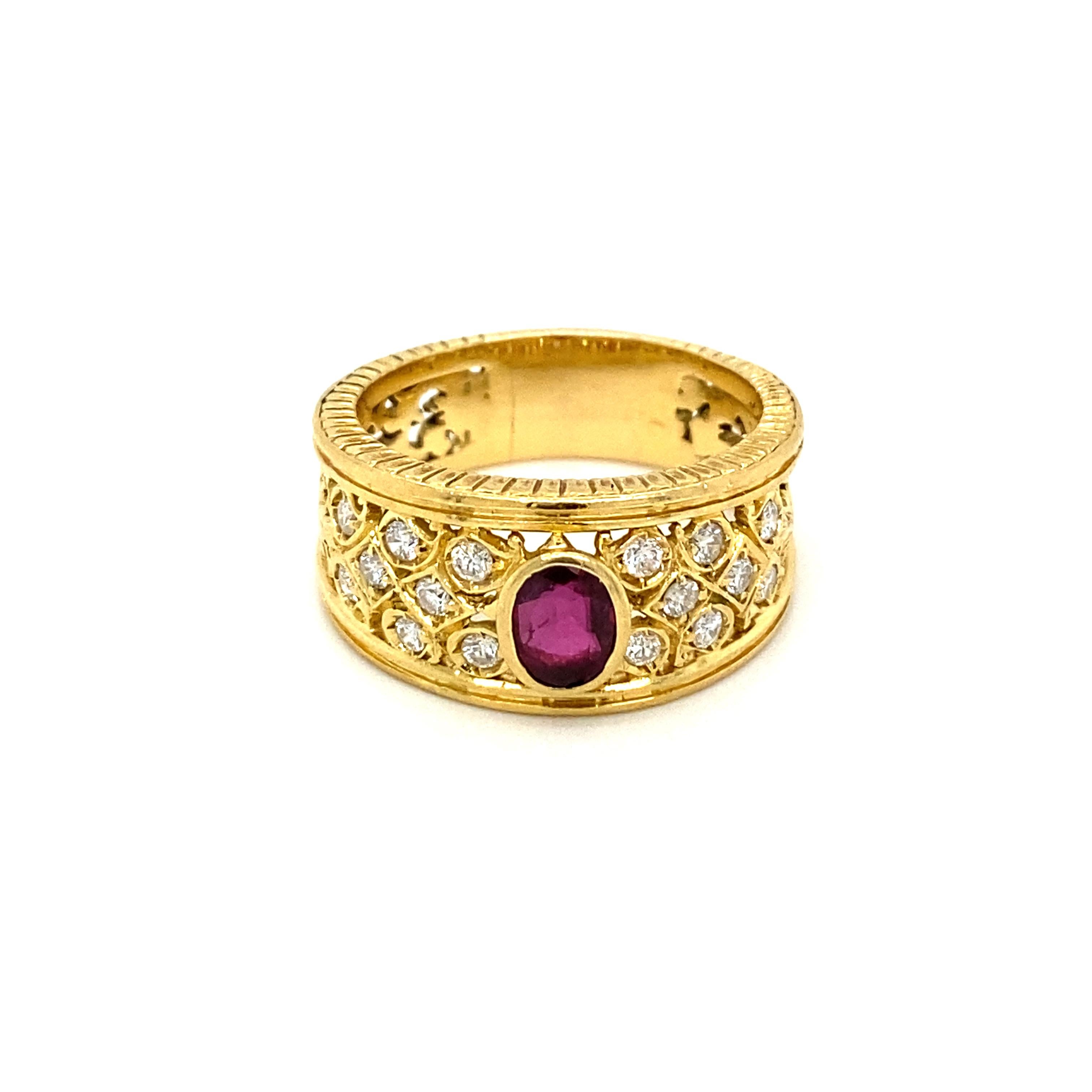 Mixed Cut Art Nouveau Ruby Diamond Gold Band Ring For Sale